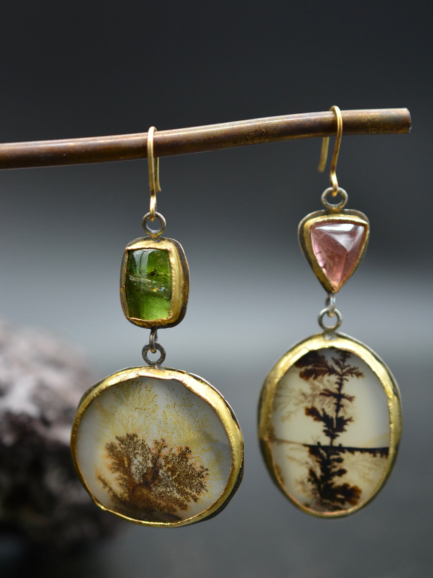 Poet Earrings Dendritic Agate & Tourmaline