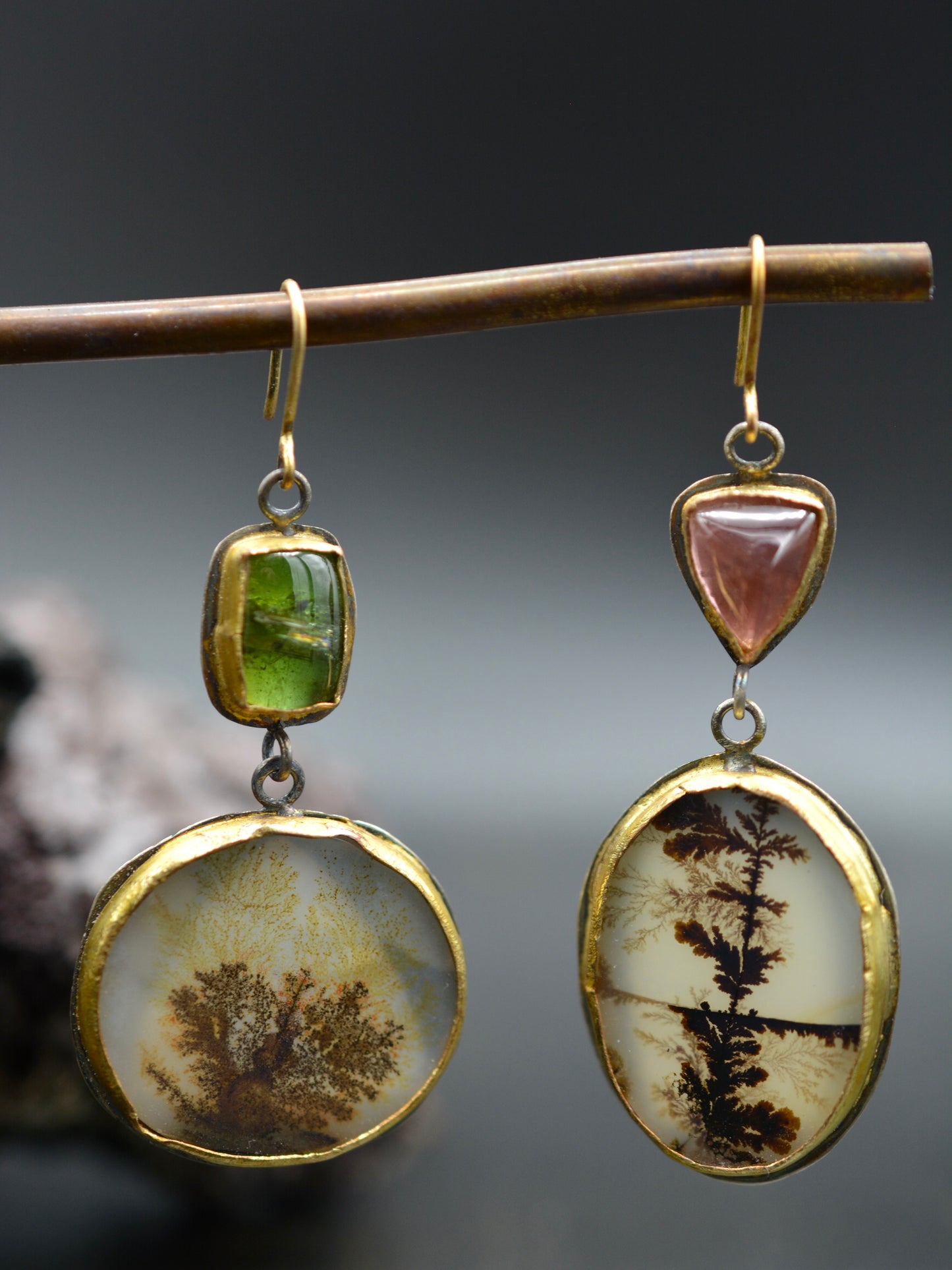 Poet Earrings Dendritic Agate & Tourmaline