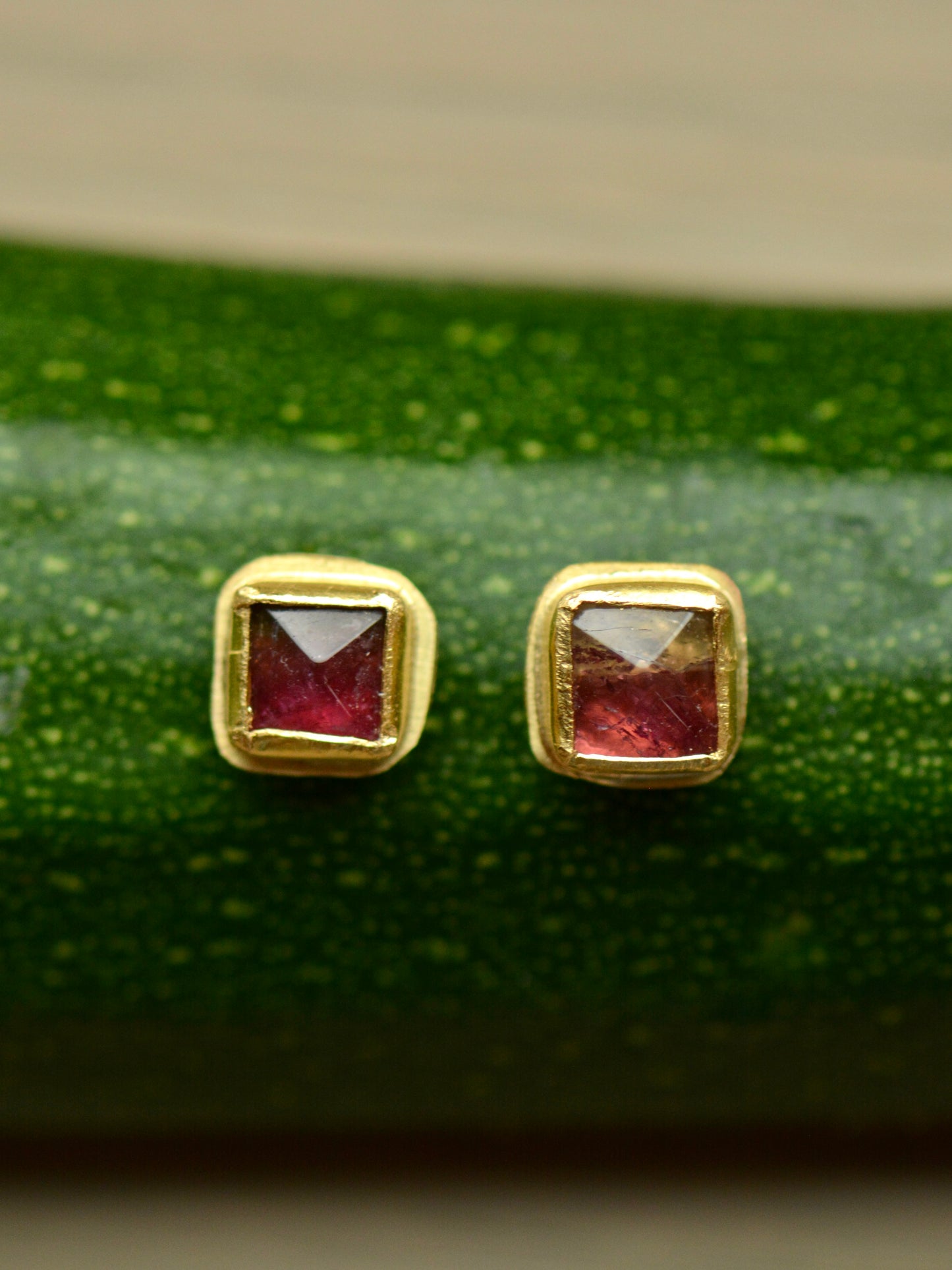 Watermelon Tourmaline Sugarloaf Studs | Handcrafted 18k & 22k Gold