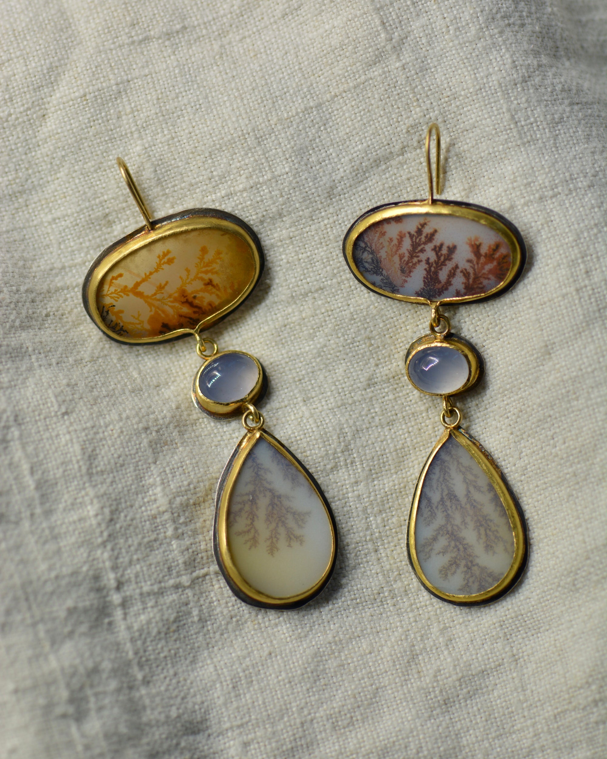 Dendritic Agate and Lilac Chalcedony Statement Earrings | Handcrafted 18k, 22k & Sterling Silver