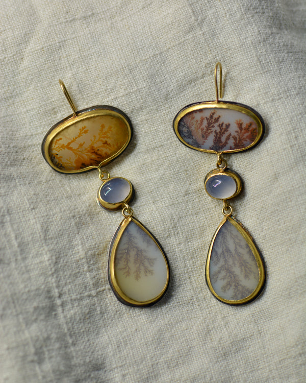 Dendritic Agate and Lilac Chalcedony Statement Earrings | Handcrafted 18k, 22k & Sterling Silver
