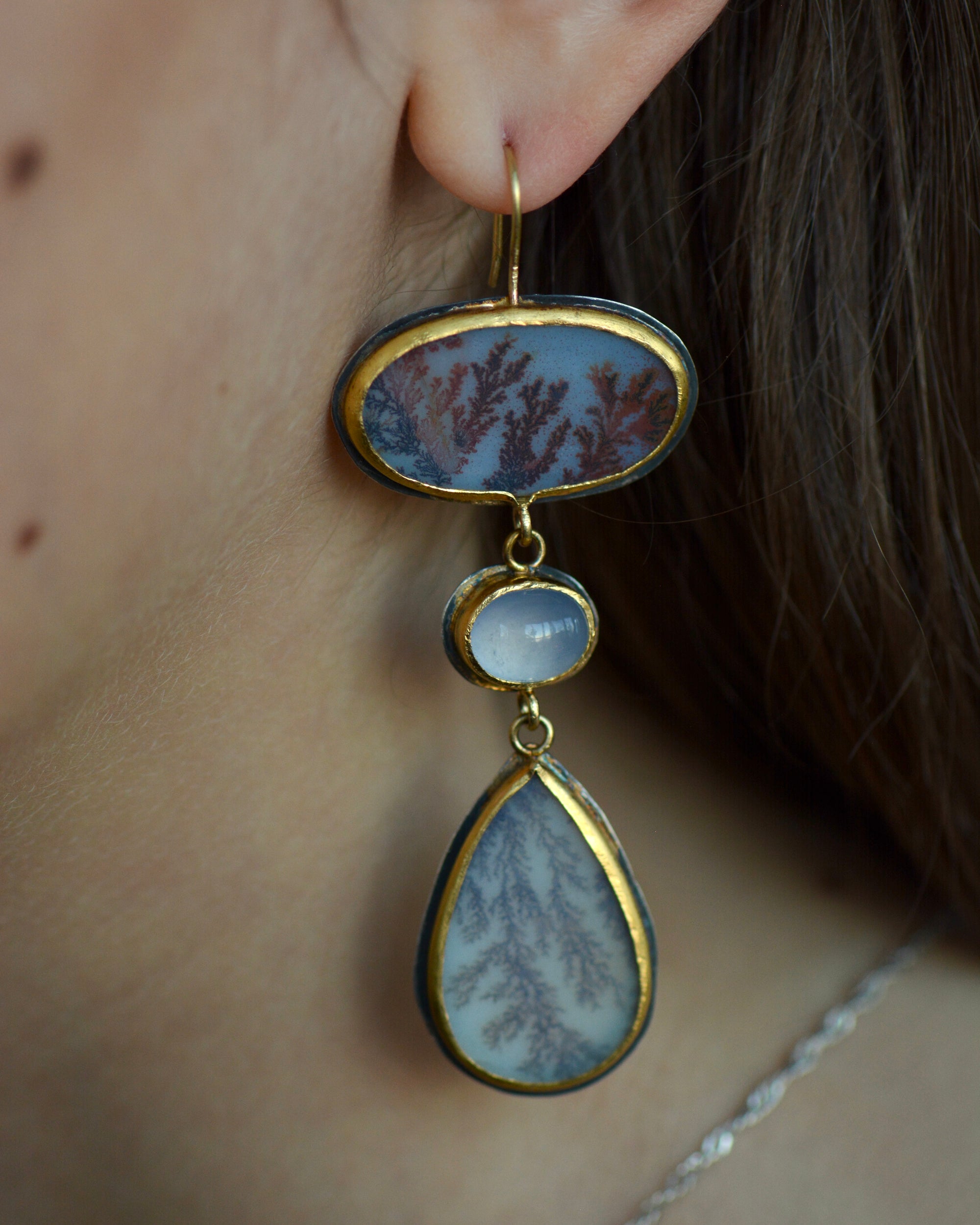 Dendritic Agate and Lilac Chalcedony Statement Earrings | Handcrafted 18k, 22k & Sterling Silver