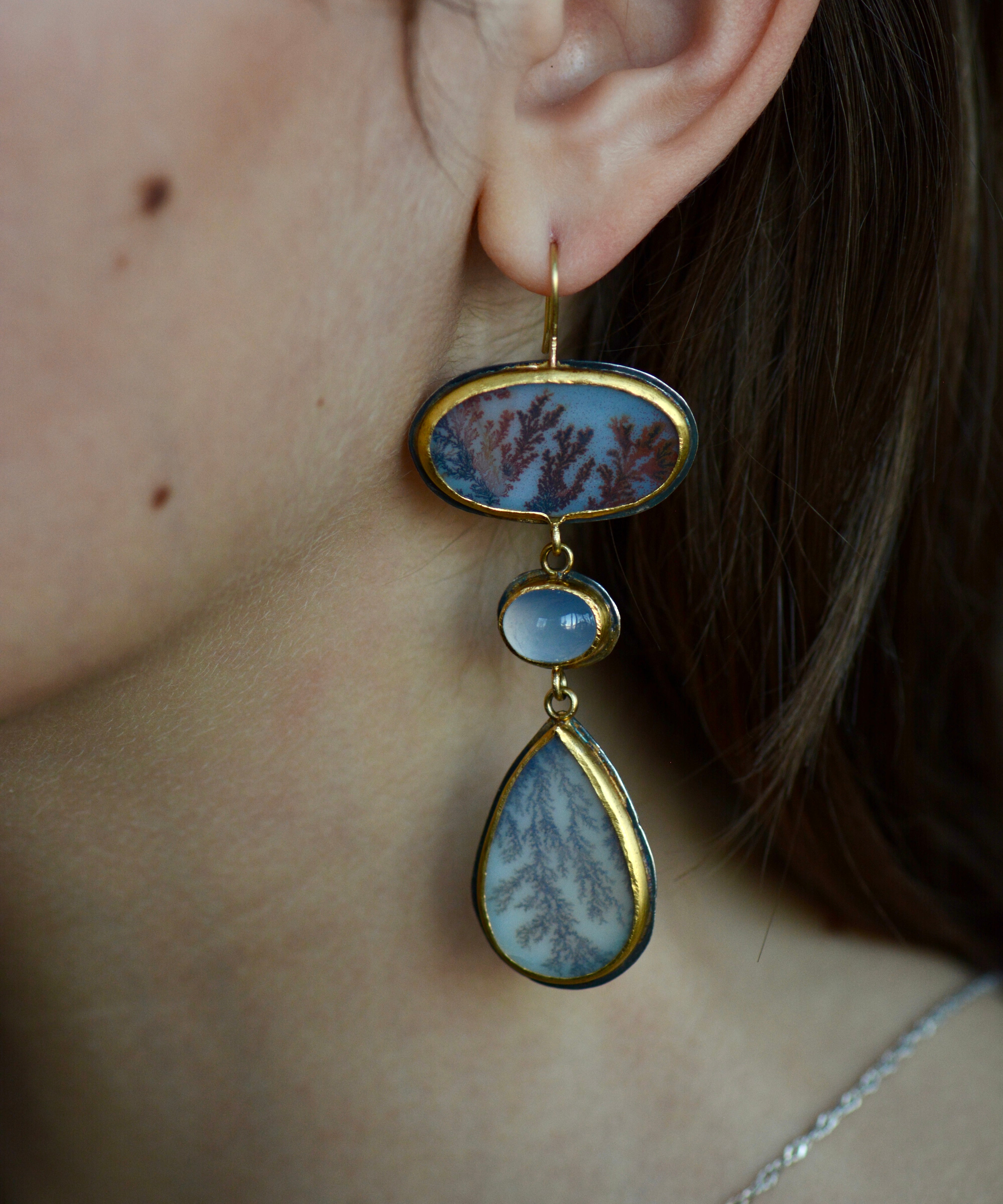 Dendritic Agate and Lilac Chalcedony Statement Earrings