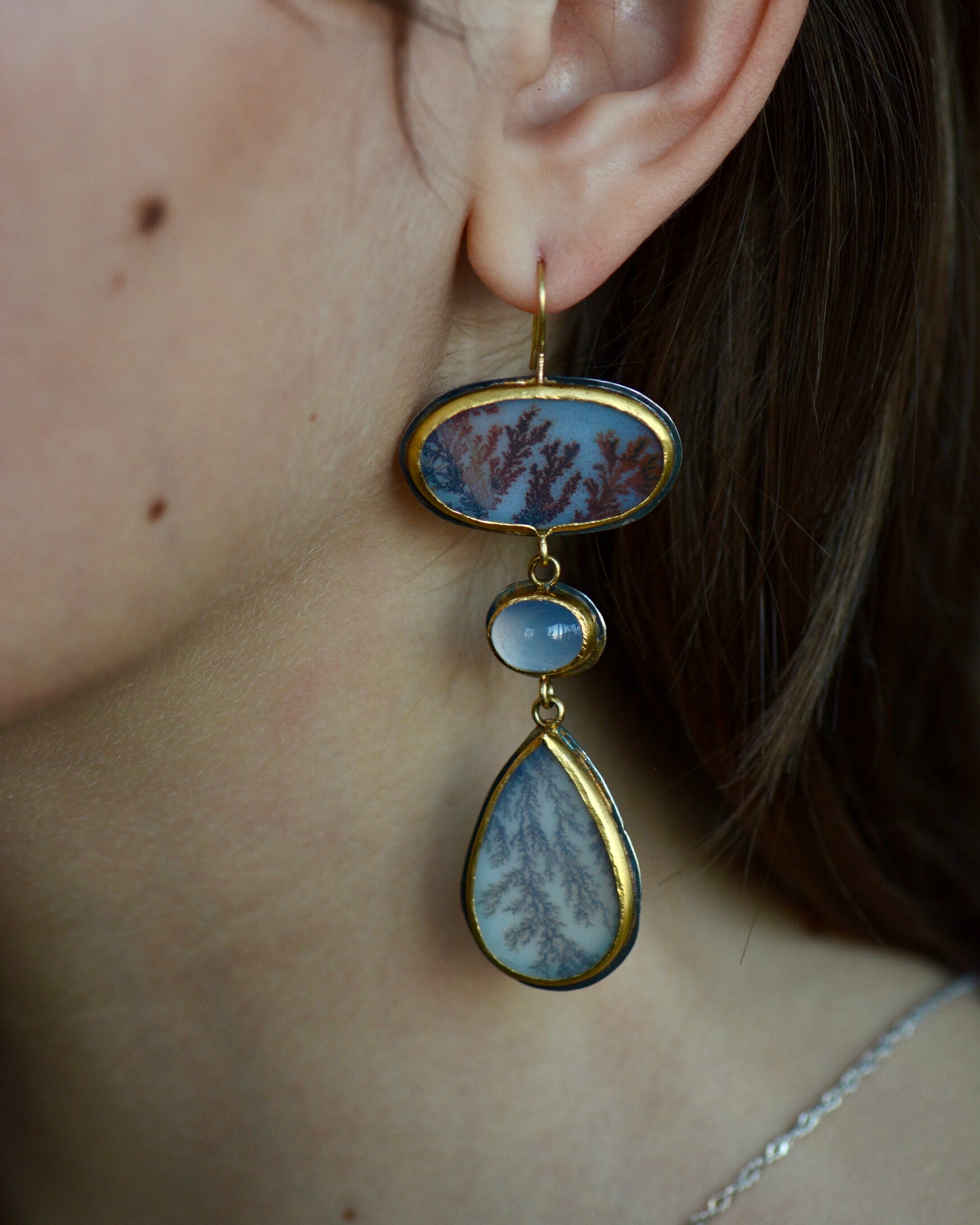 Dendritic Agate and Lilac Chalcedony Statement Earrings