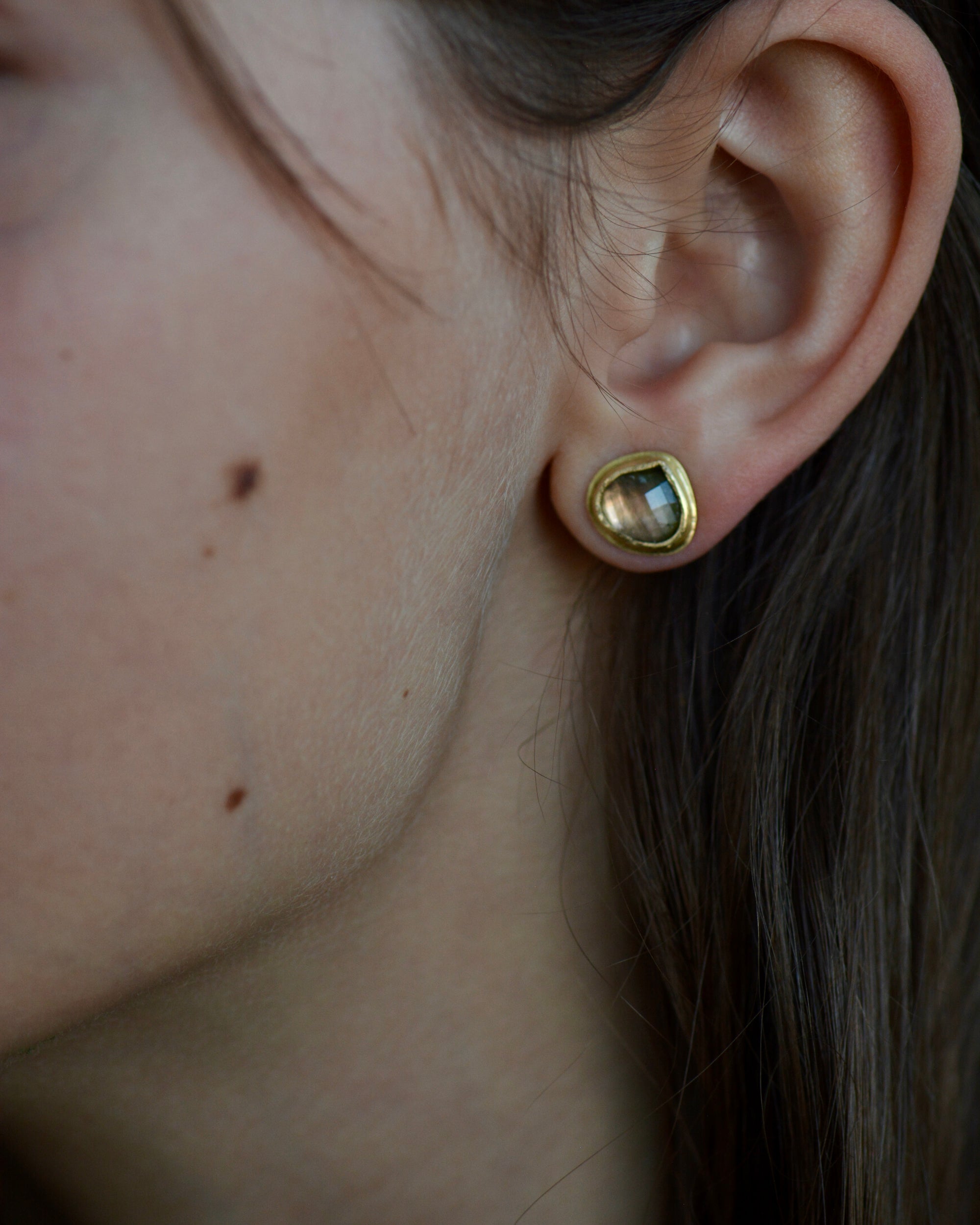 Watermelon Tourmaline Checkerboard Studs | Handcrafted 18k Gold
