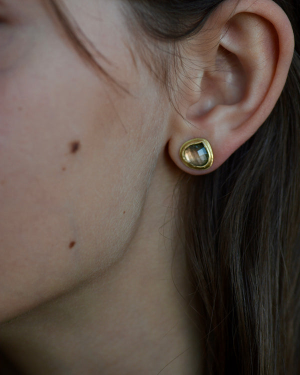 Watermelon Tourmaline Checkerboard Studs | Handcrafted 18k Gold