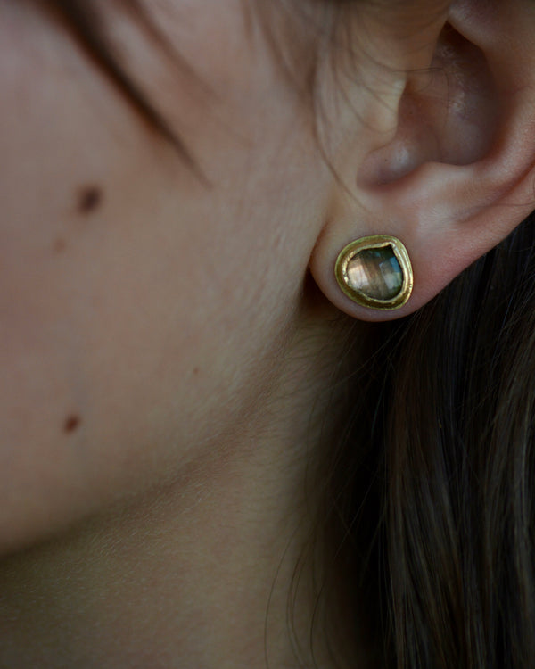 Watermelon Tourmaline Checkerboard Studs | Handcrafted 18k Gold