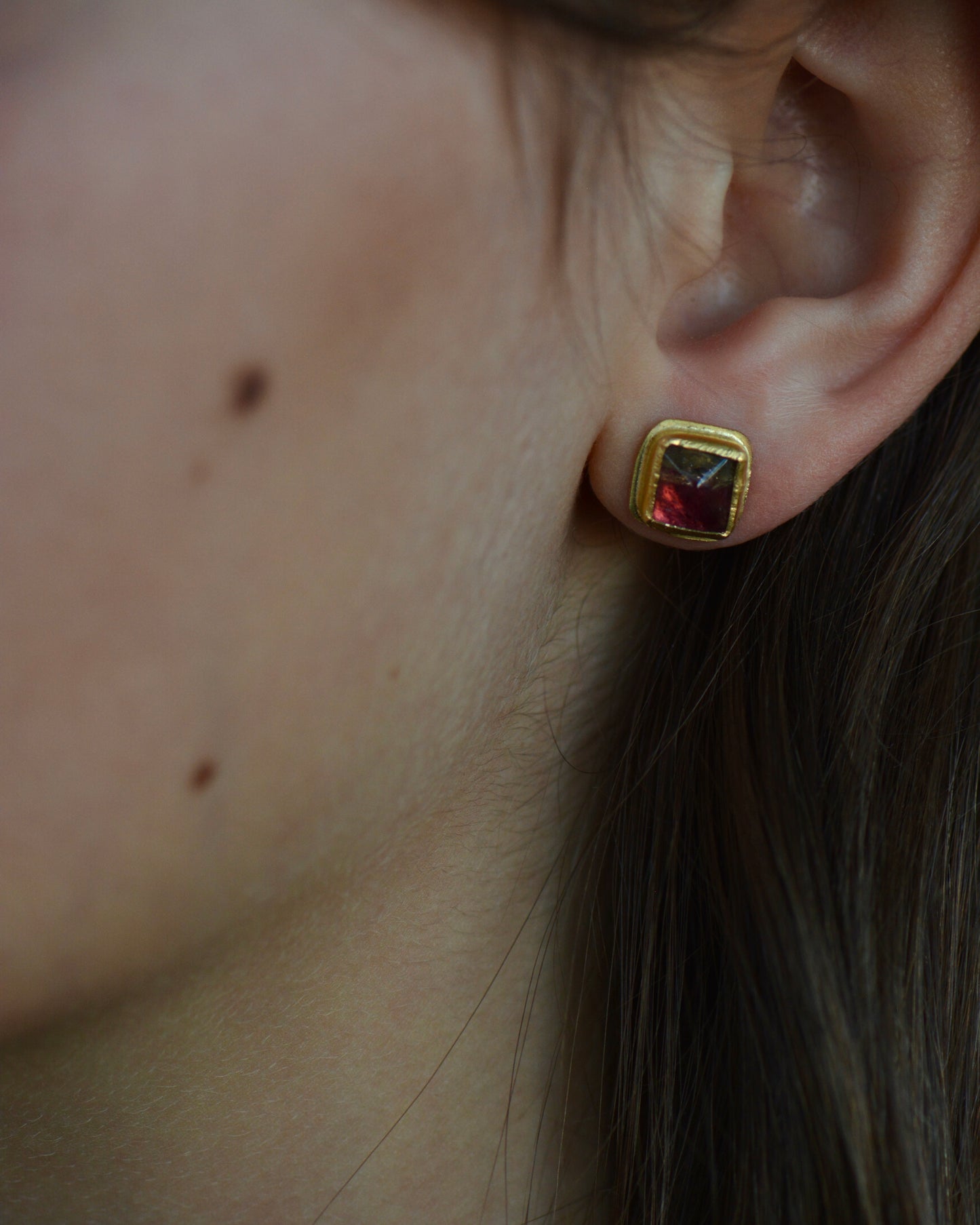Watermelon Tourmaline Sugarloaf Studs | Handcrafted 18k & 22k Gold