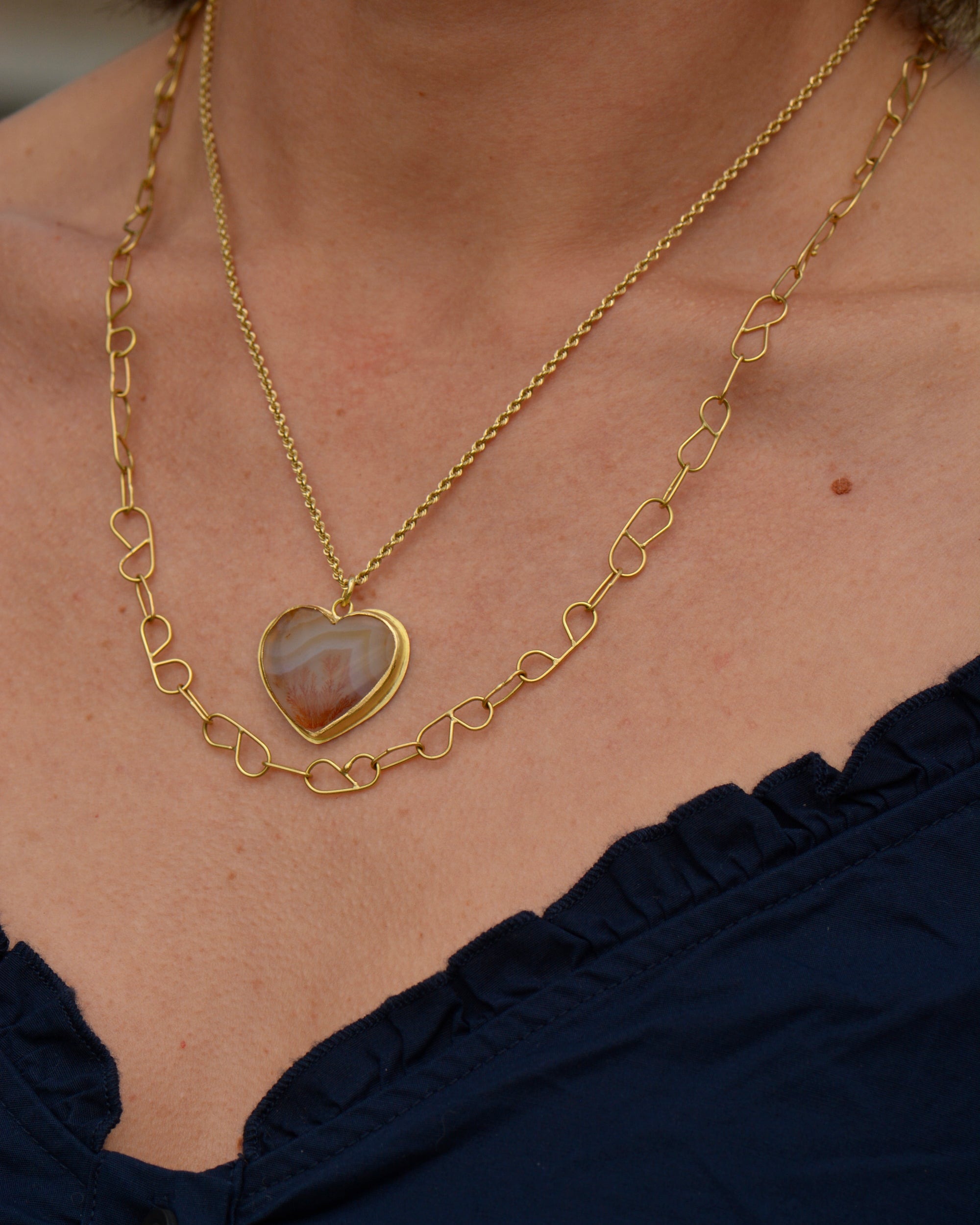 Creamsicle Dendritic Agate Heart Pendant | Handcrafted 18k Gold