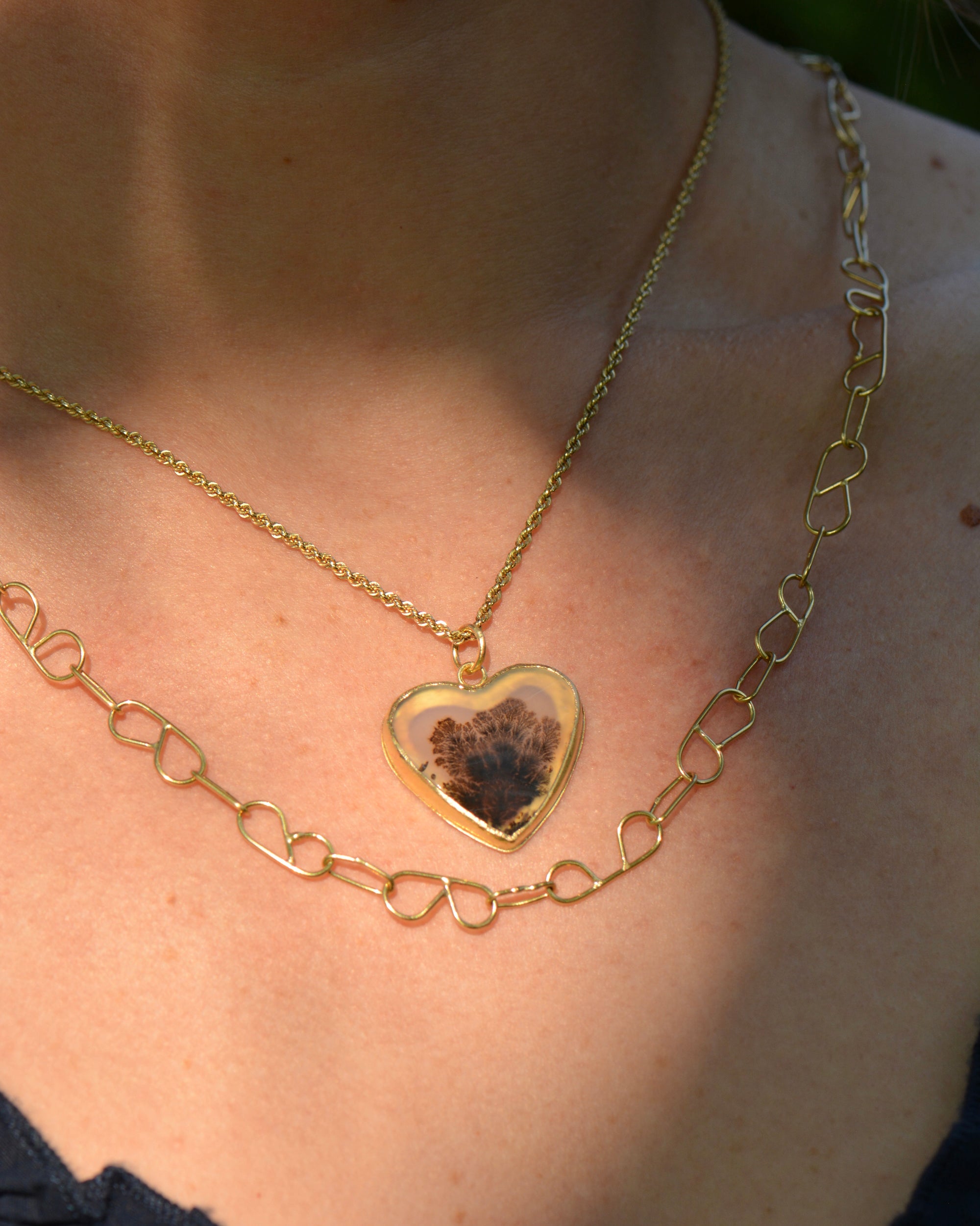 Black Dendritic Agate Heart Pendant | Handcrafted 18k Gold