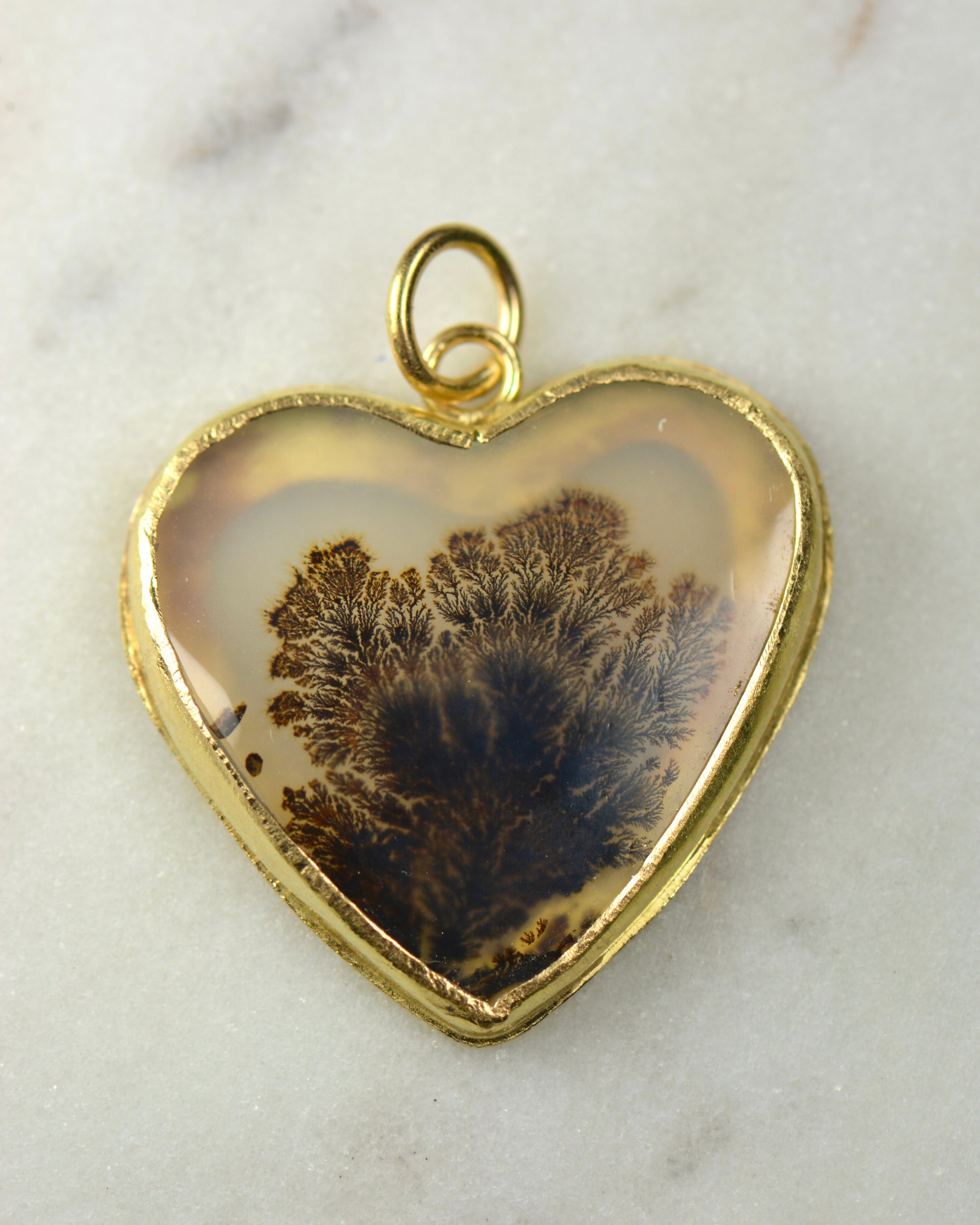 Black Dendritic Agate Heart Pendant | Handcrafted 18k Gold