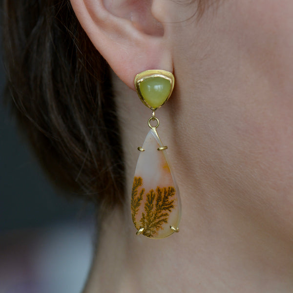 Dendritic Agate and Vesuvianite Earrings | Handcrafted 18k Gold