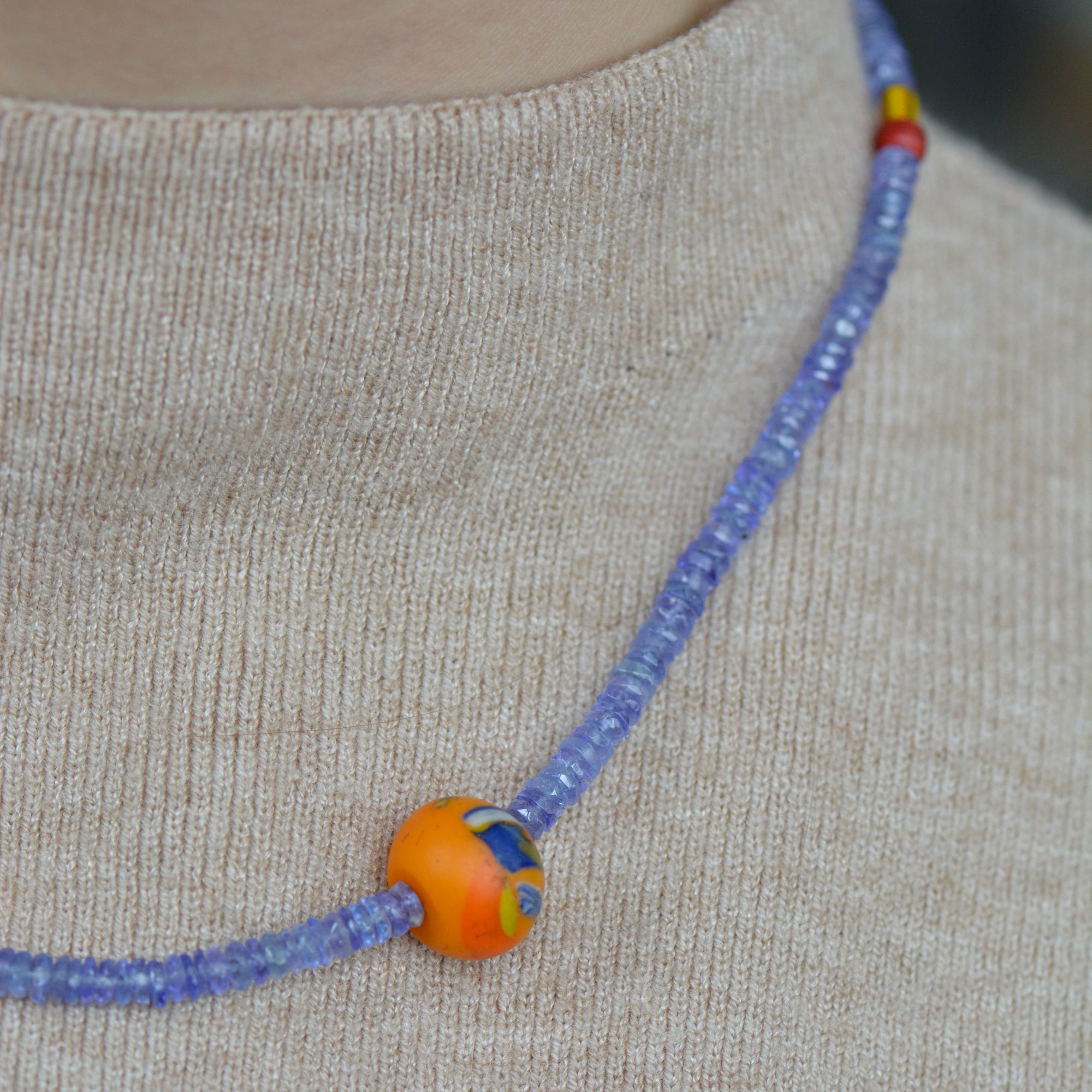 Tanzanite & African Trade Bead Necklace | Handcrafted 18k Gold Details