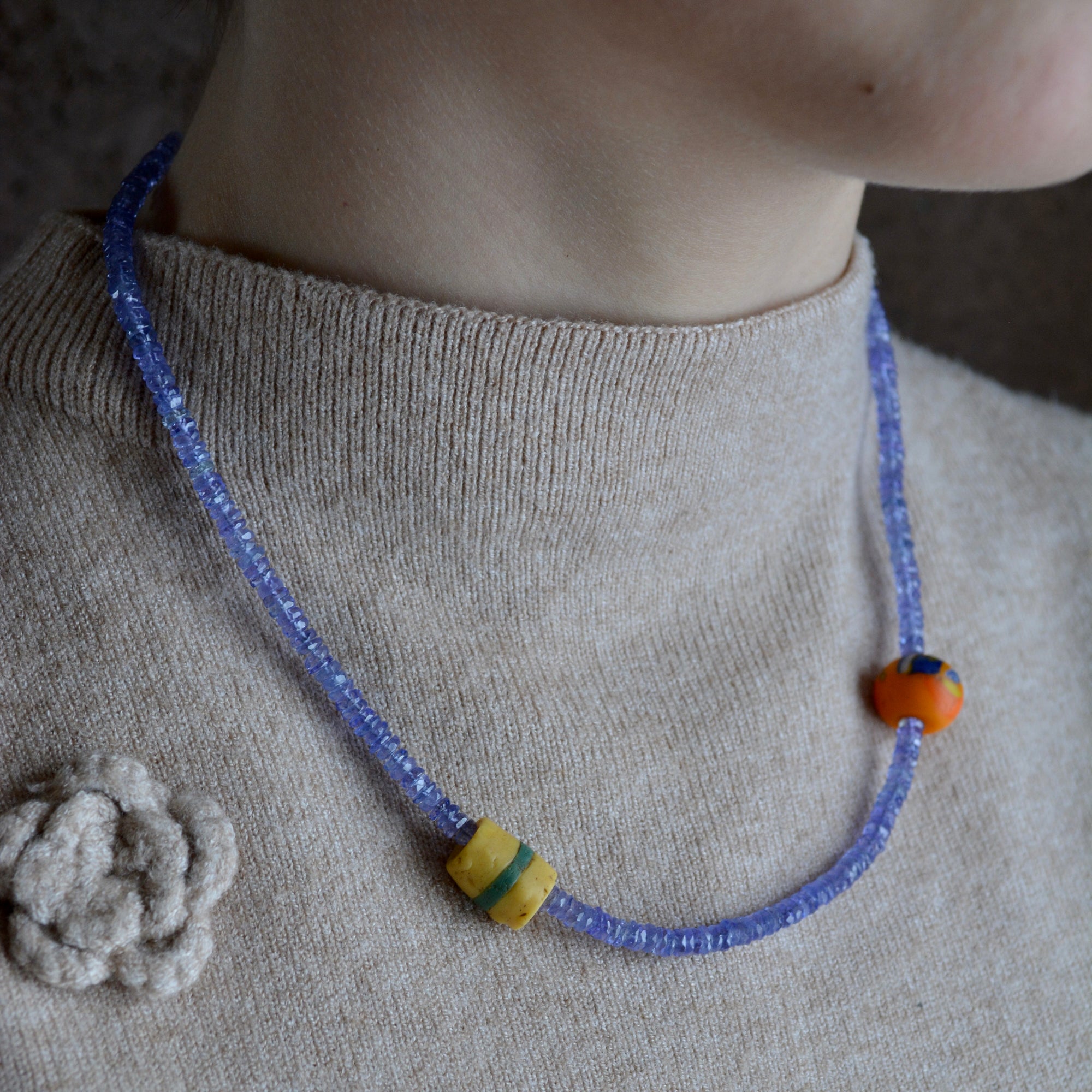 Tanzanite & African Trade Bead Necklace | Handcrafted 18k Gold Details