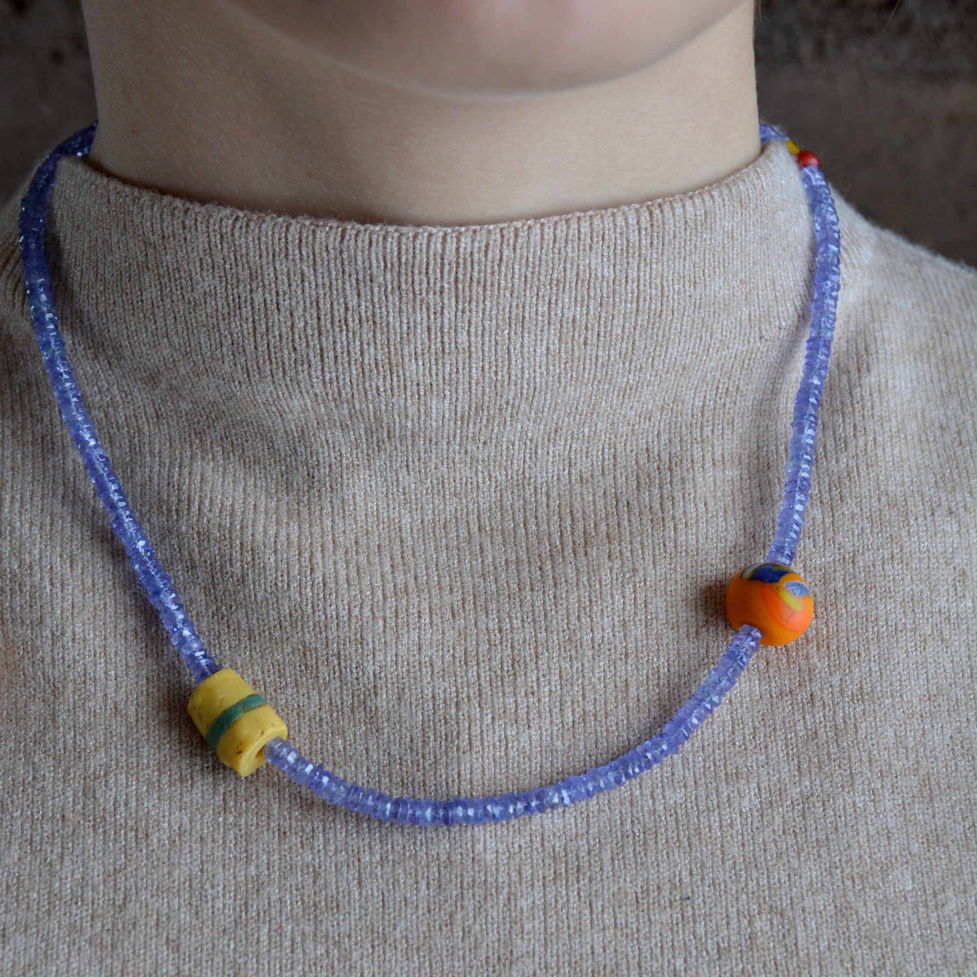 Tanzanite & African Trade Bead Necklace | Handcrafted 18k Gold Details