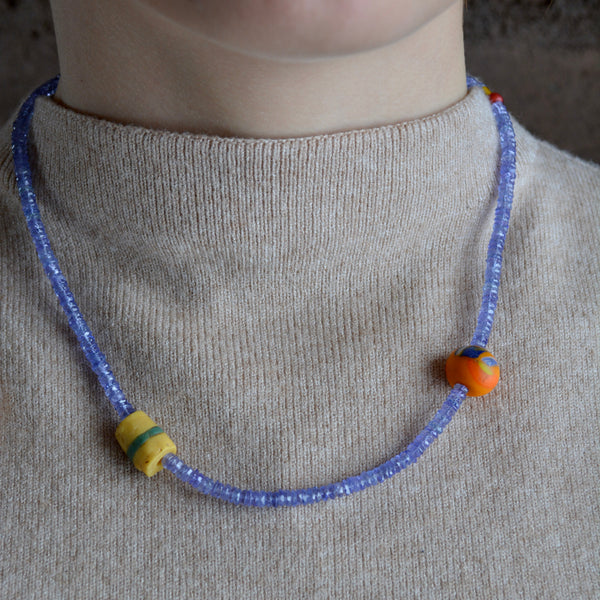 Tanzanite & African Trade Bead Necklace | Handcrafted 18k Gold Details
