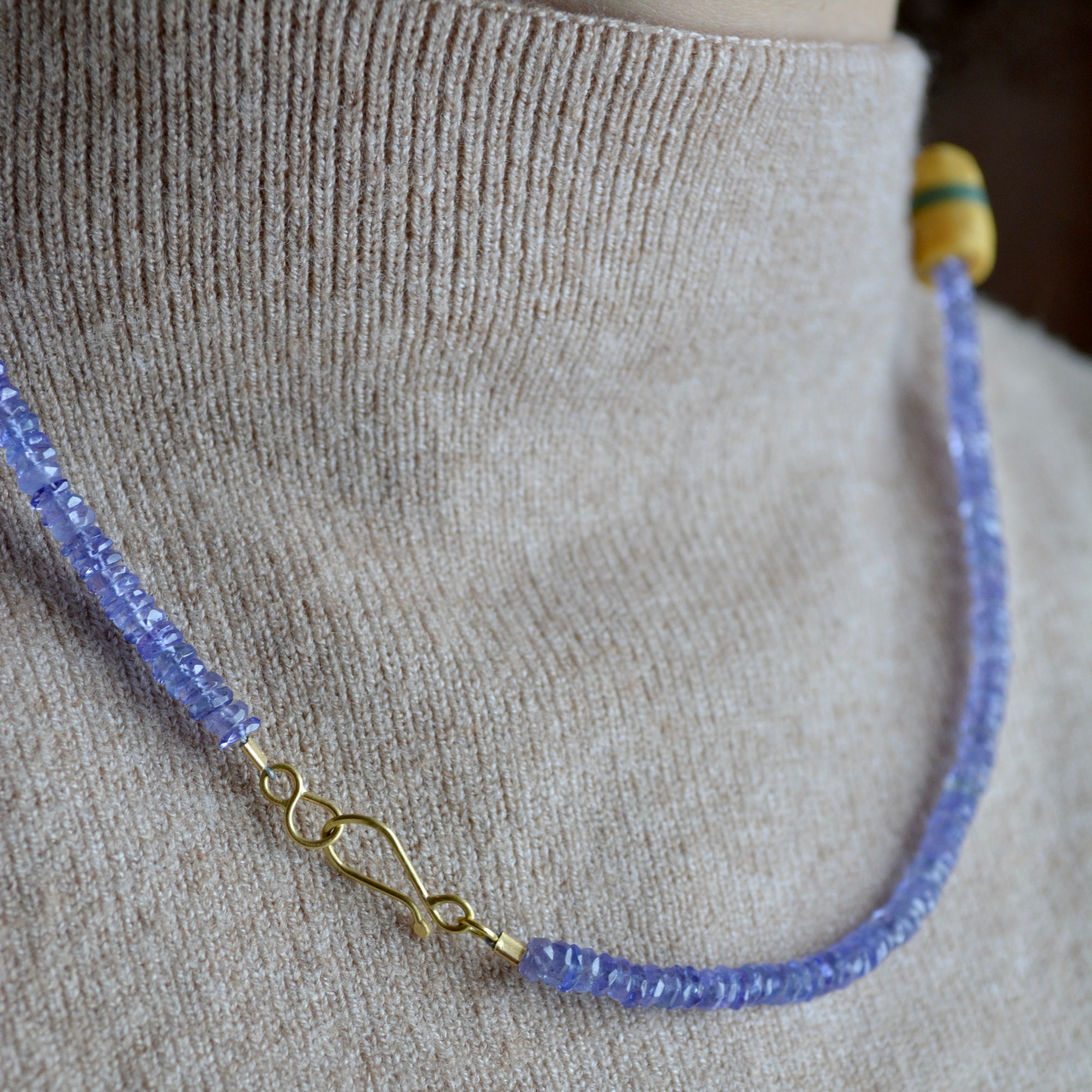 Tanzanite & African Trade Bead Necklace | Handcrafted 18k Gold Details