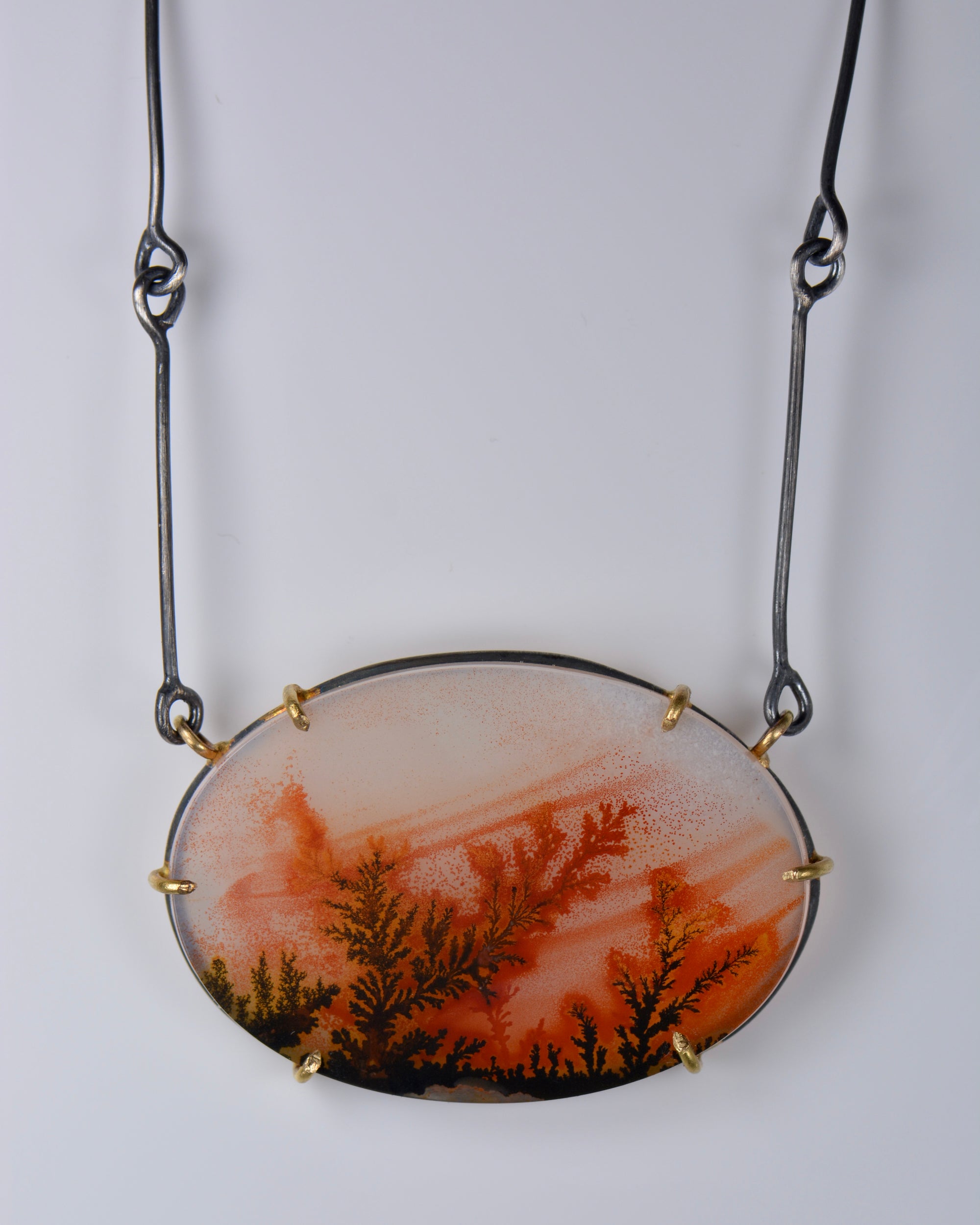 Fire Red Dendritic Agate Statement Necklace | Handcrafted Silver & 18k Gold