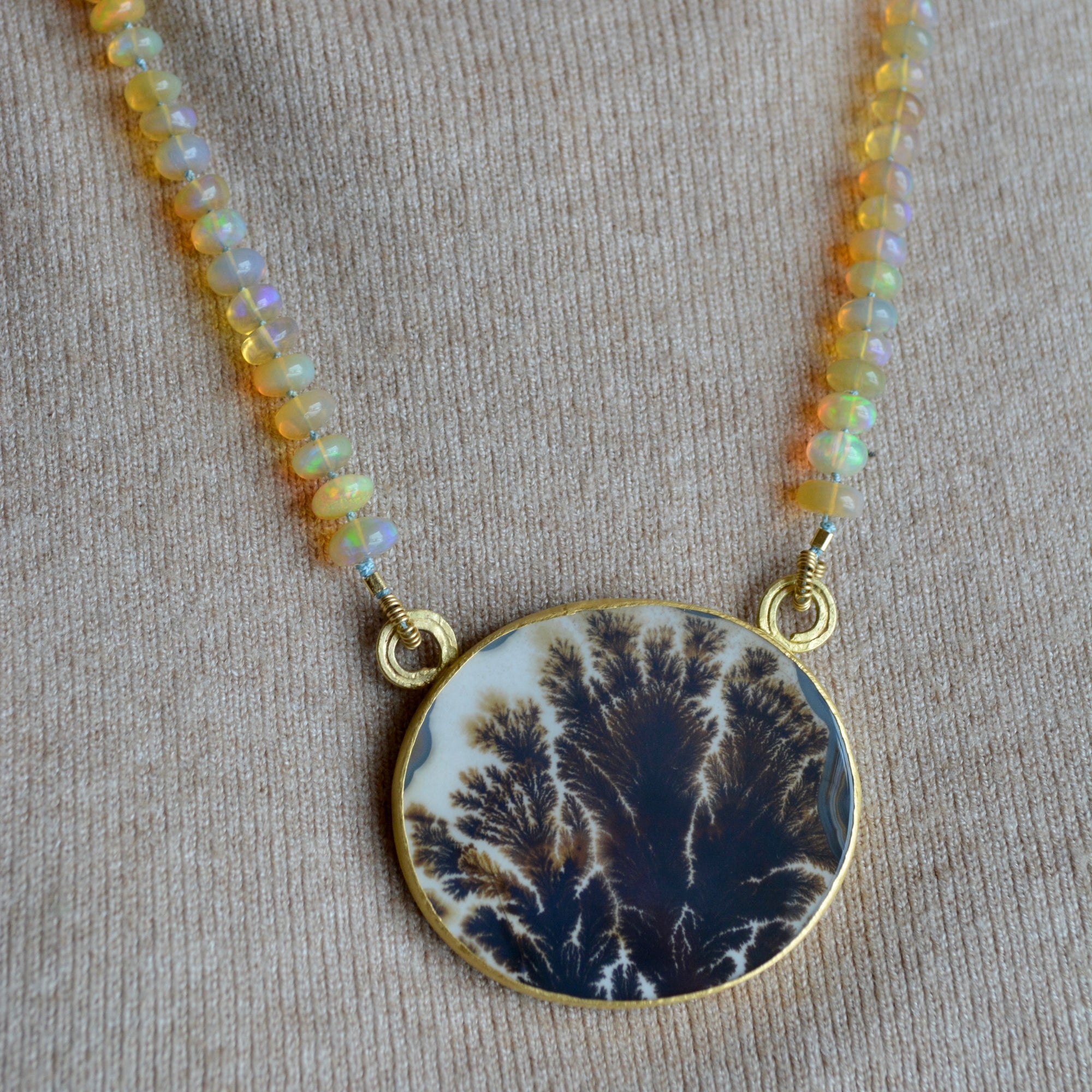Dendritic Agate & Opal Bead Splotch Statement Necklace | Handcrafted Silver, 22k & 18k Gold