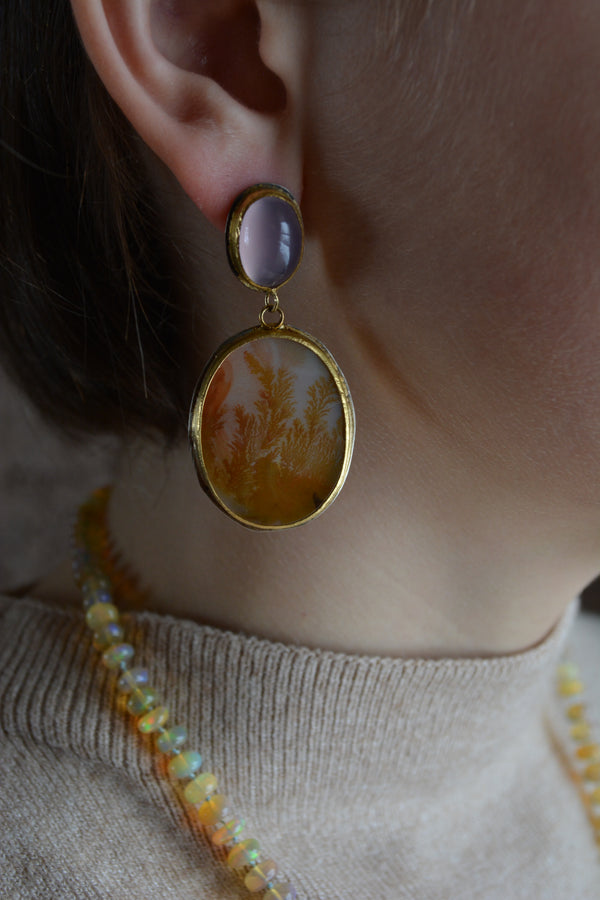 Dendritic Agate and Lilac Chalcedony Drop Post Earrings | Handcrafted Silver, 18k & 22k Gold