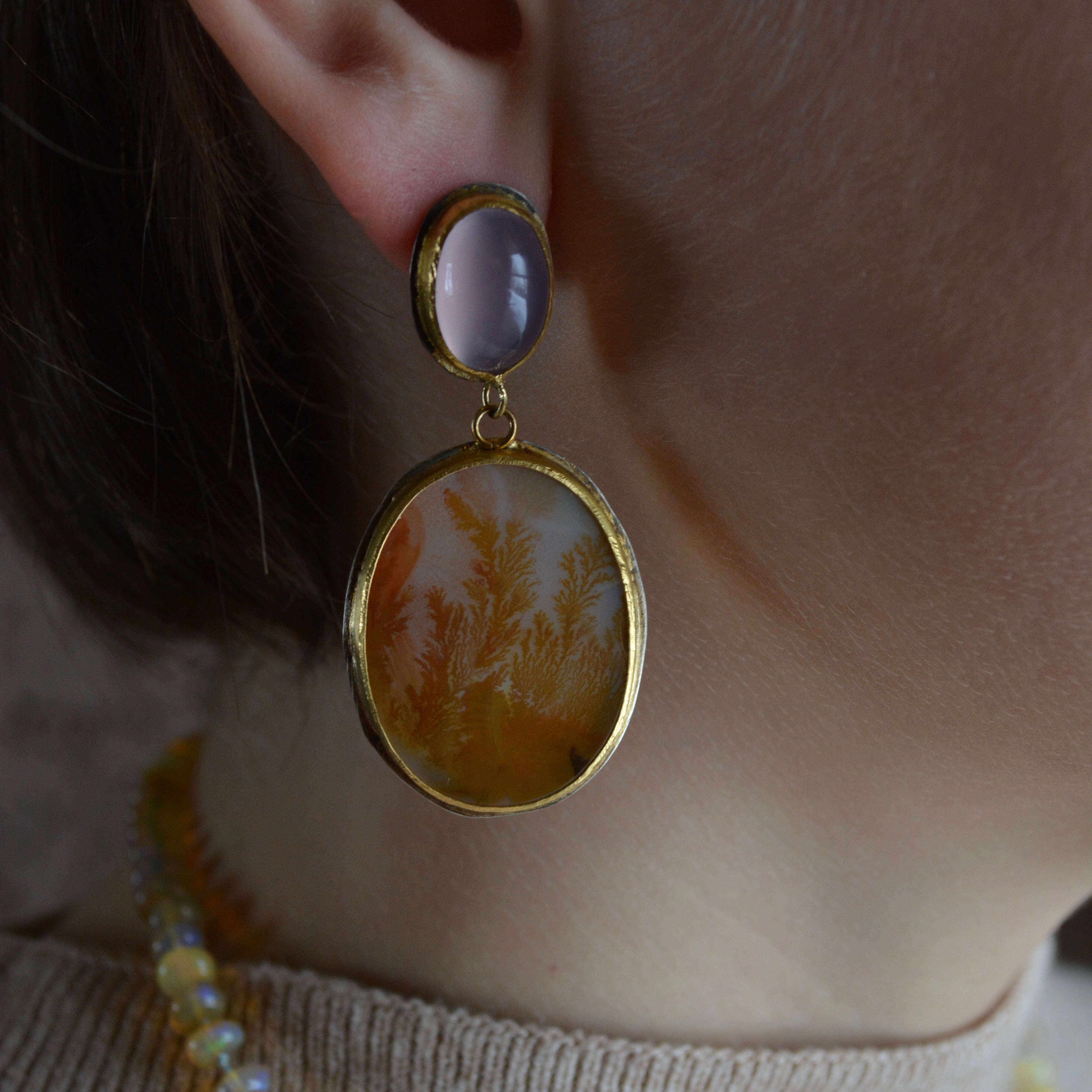 Dendritic Agate and Lilac Chalcedony Drop Post Earrings