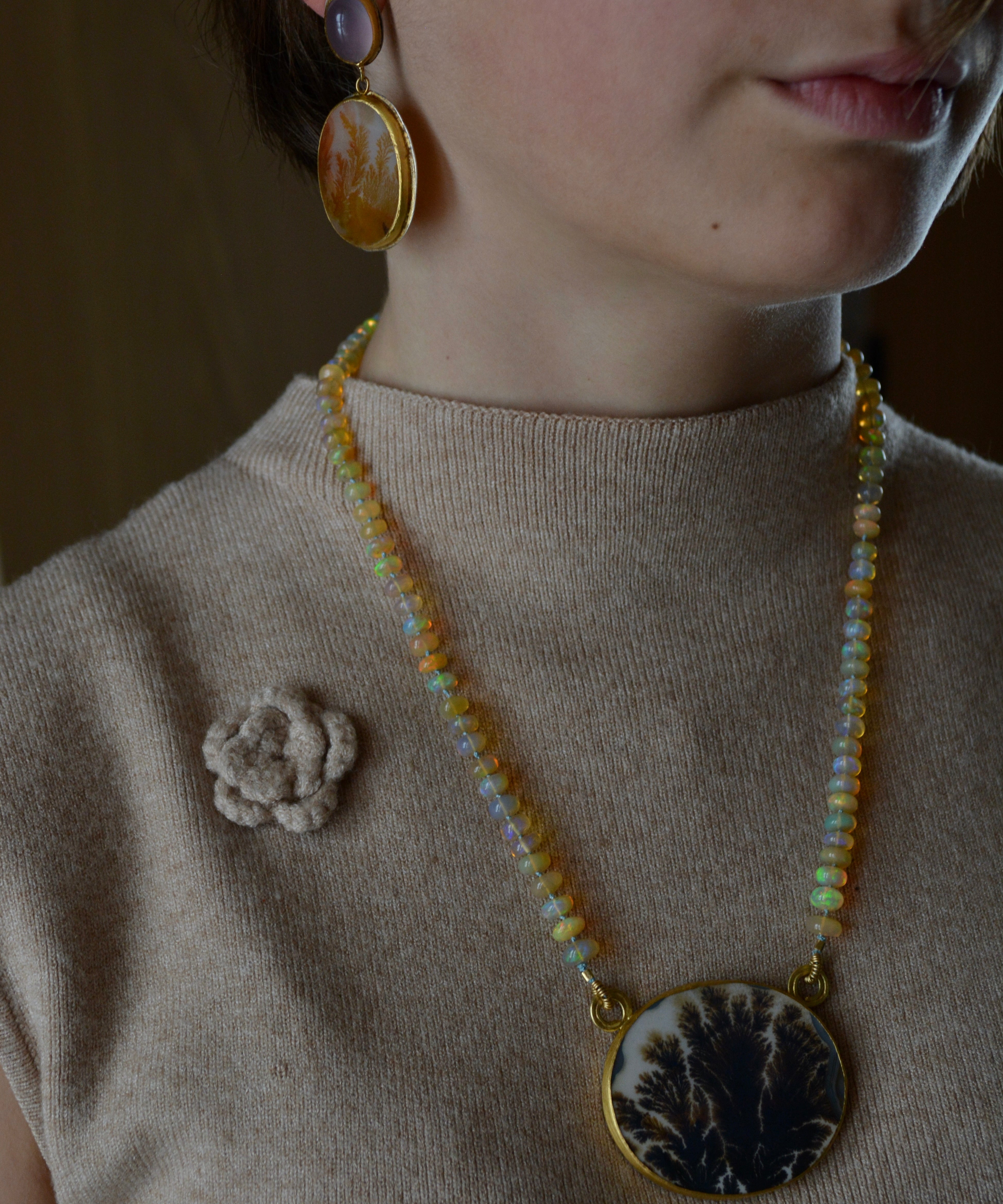 Dendritic Agate & Opal Bead Splotch Statement Necklace