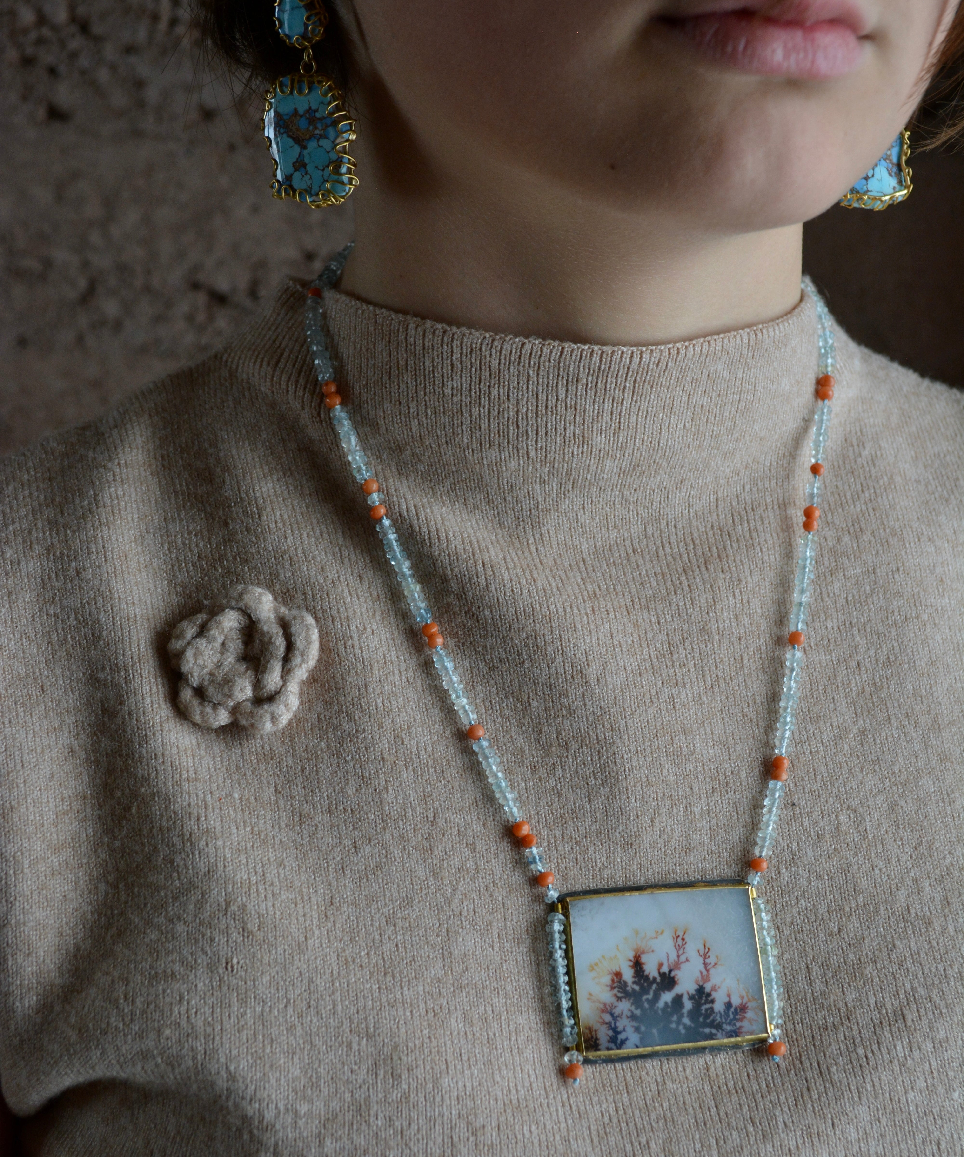 Dendritic Agate, Aquamarine & Antique Coral Beaded Necklace