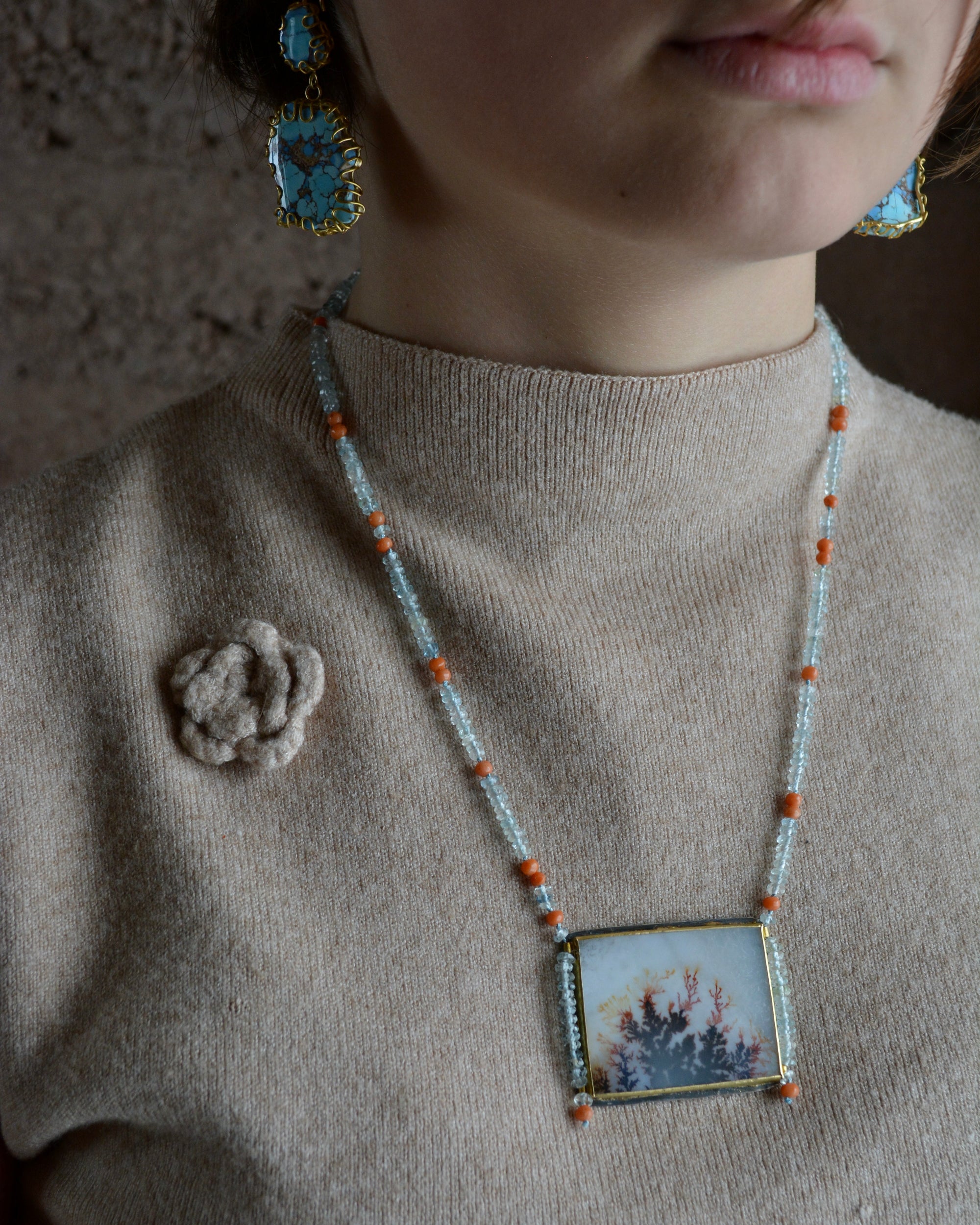 Dendritic Agate, Aquamarine & Antique Coral Beaded Necklace | Handcrafted Silver, 22k & 18k Gold