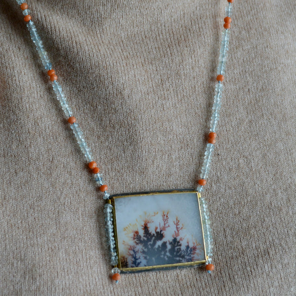 Dendritic Agate, Aquamarine & Antique Coral Beaded Necklace | Handcrafted Silver, 22k & 18k Gold