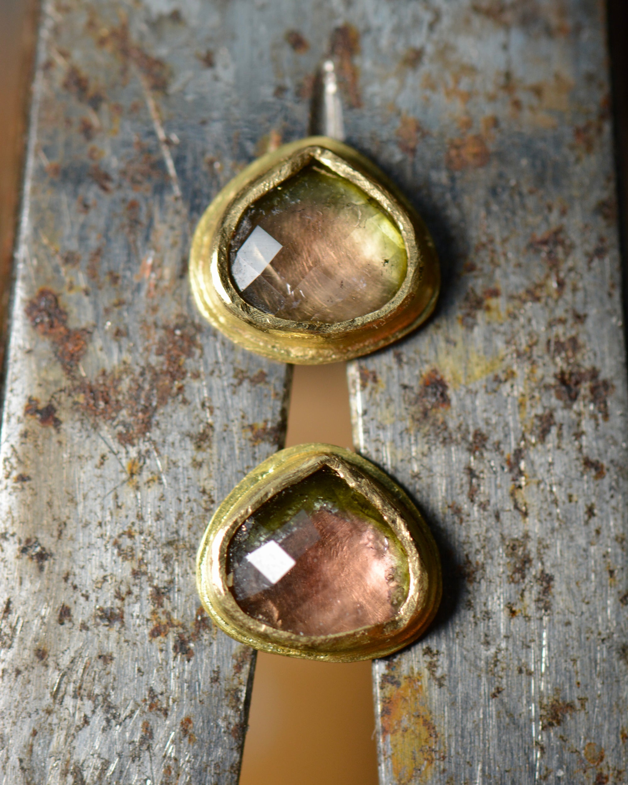 Watermelon Tourmaline Checkerboard Studs | Handcrafted 18k Gold