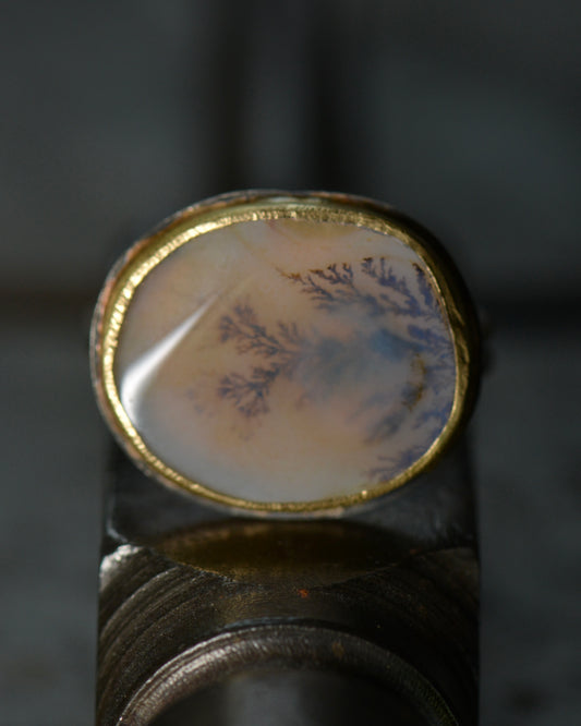 Earthy Dendritic Agate Ring | Handcrafted 18k Gold & Sterling Silver