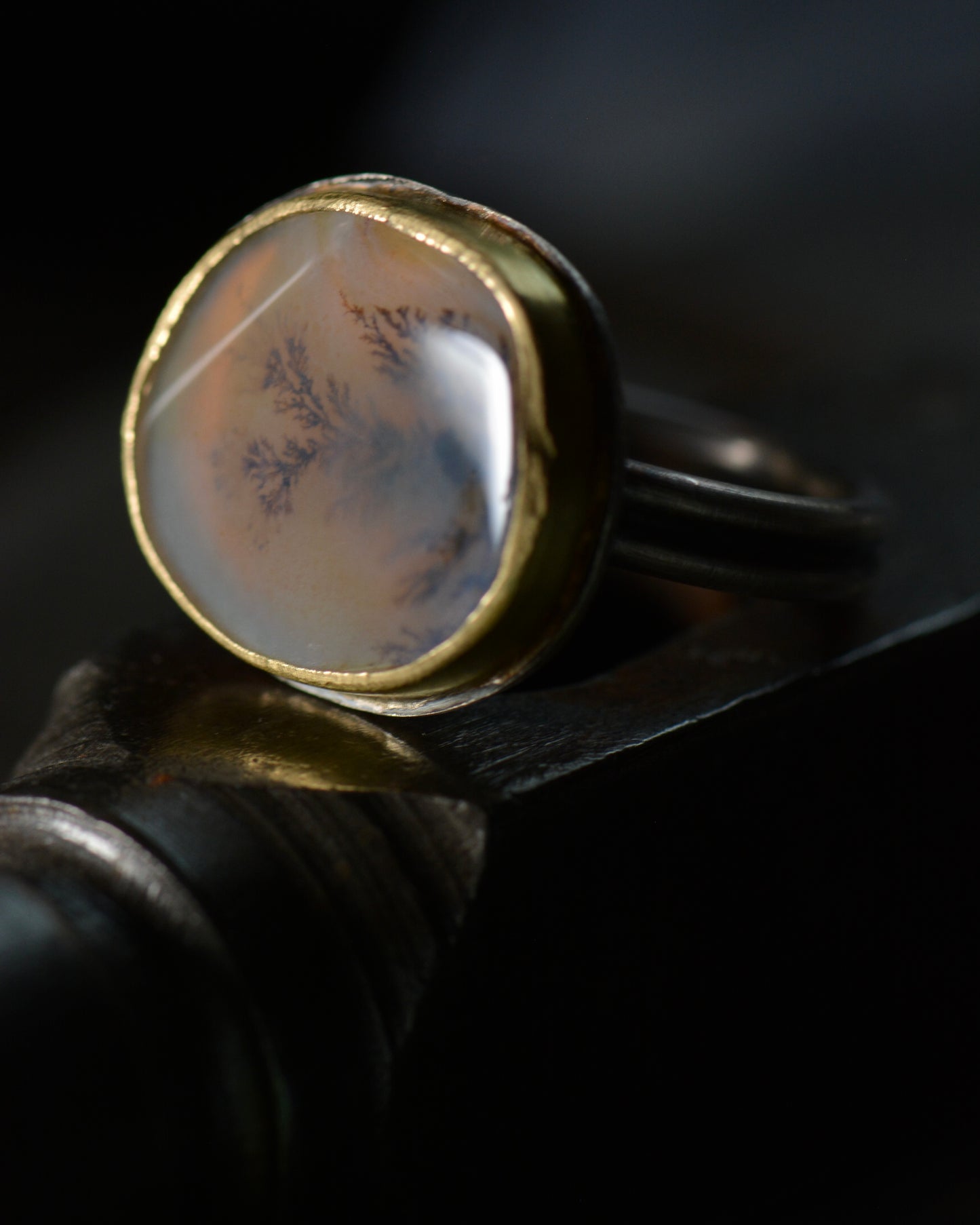 Earthy Dendritic Agate Ring | Handcrafted 18k Gold & Sterling Silver