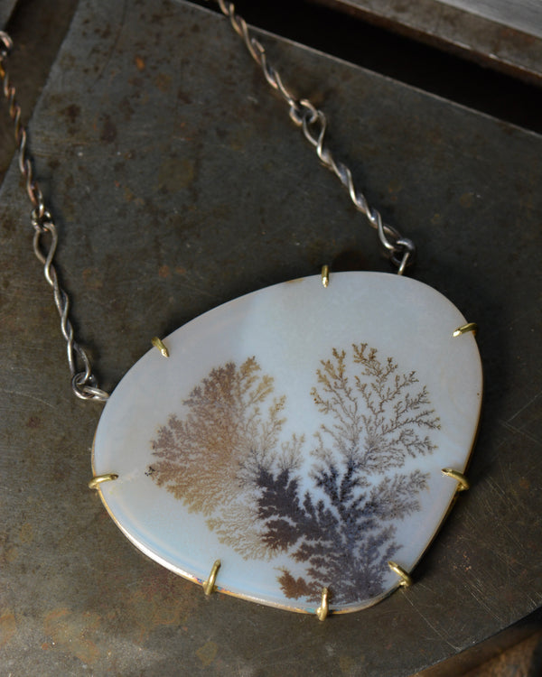 Feathered Dendritic Agate Statement Necklace | Handcrafted Silver & 18k Gold