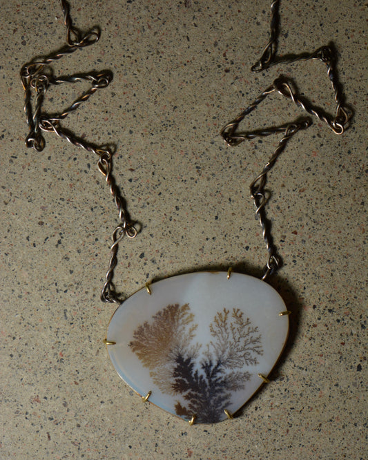 Feathered Dendritic Agate Statement Necklace | Handcrafted Silver & 18k Gold