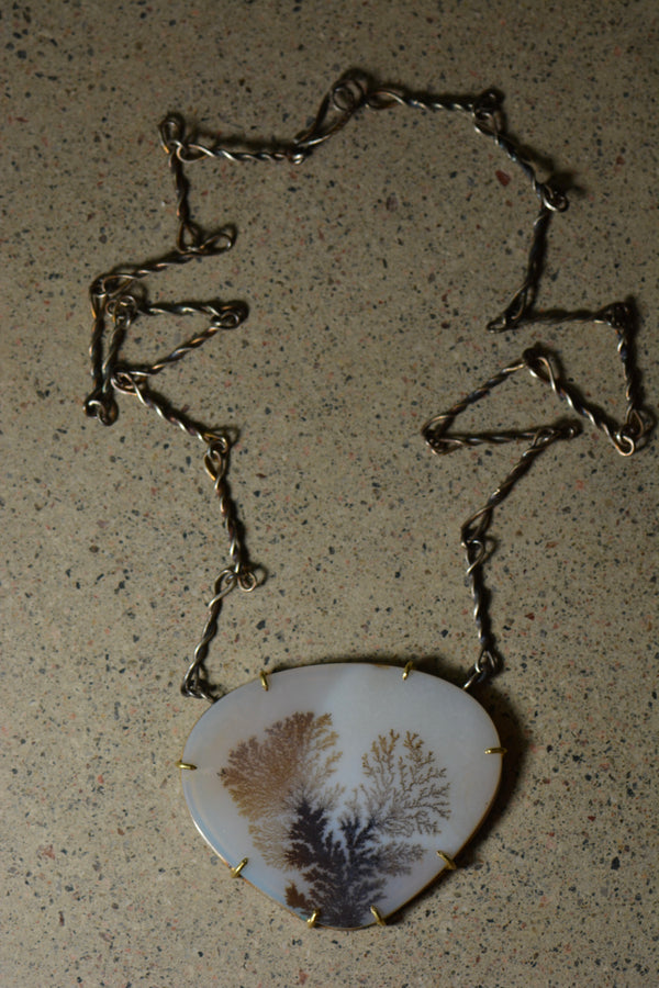 Feathered Dendritic Agate Statement Necklace | Handcrafted Silver & 18k Gold
