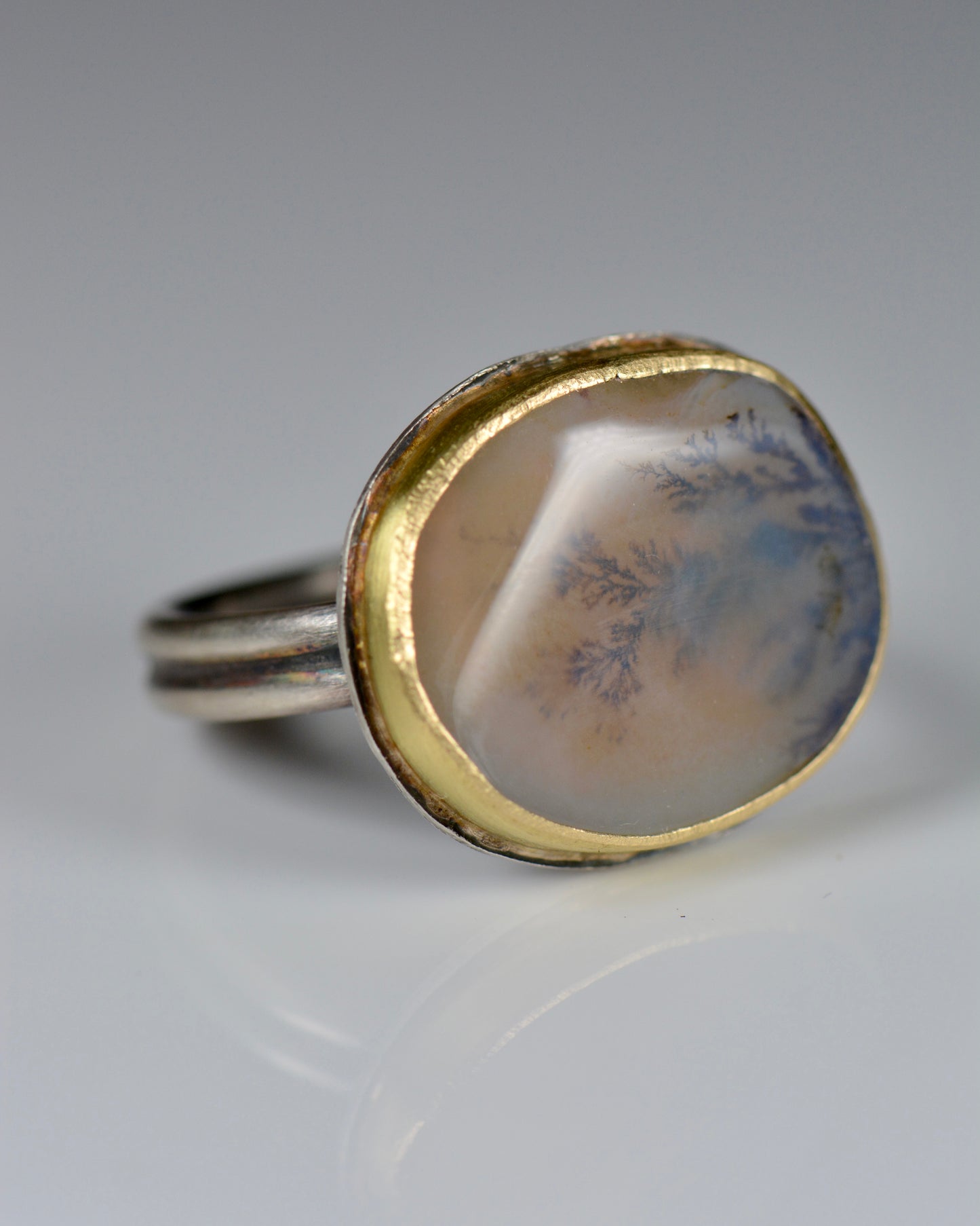 Earthy Dendritic Agate Ring | Handcrafted 18k Gold & Sterling Silver