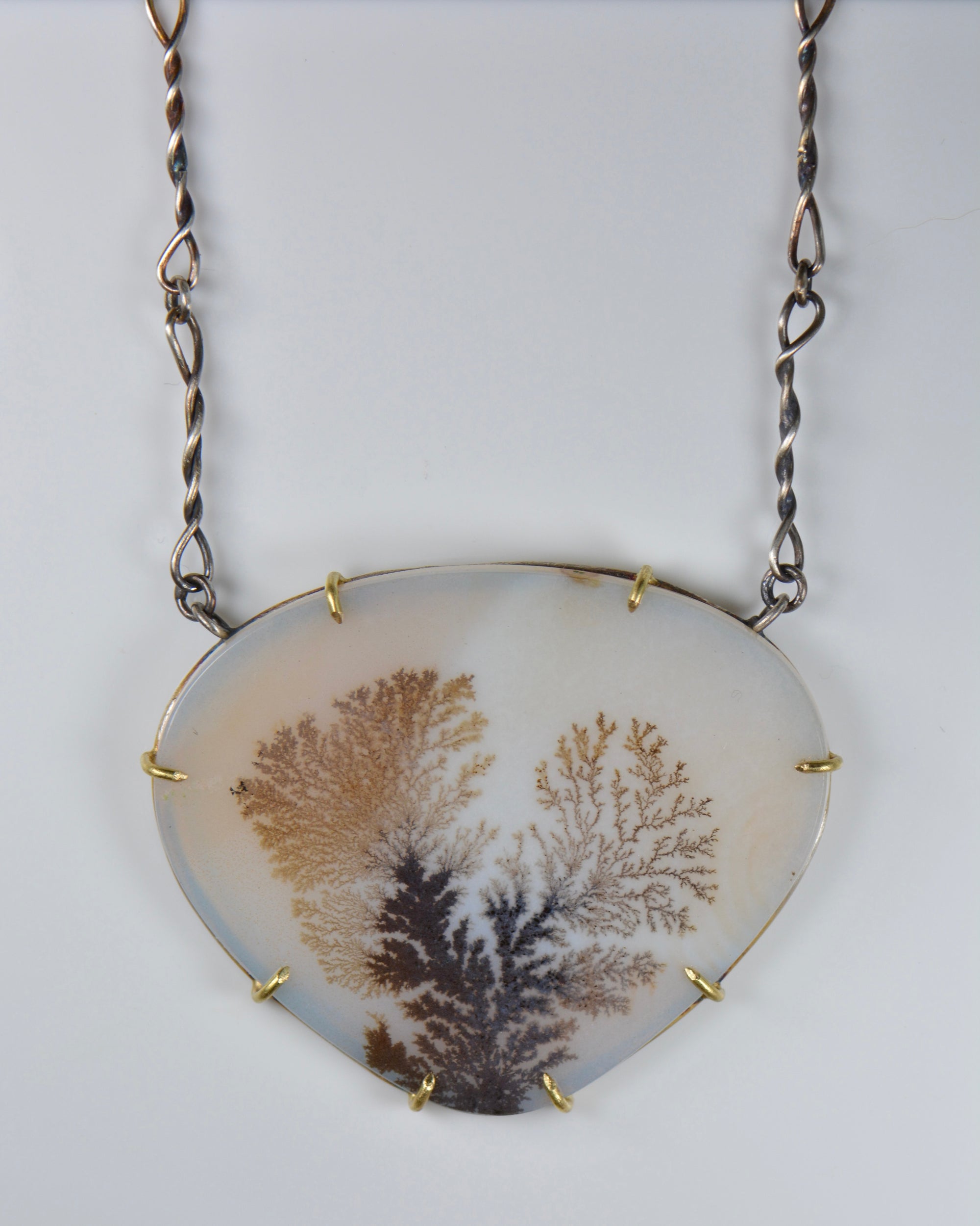 Feathered Dendritic Agate Statement Necklace | Handcrafted Silver & 18k Gold