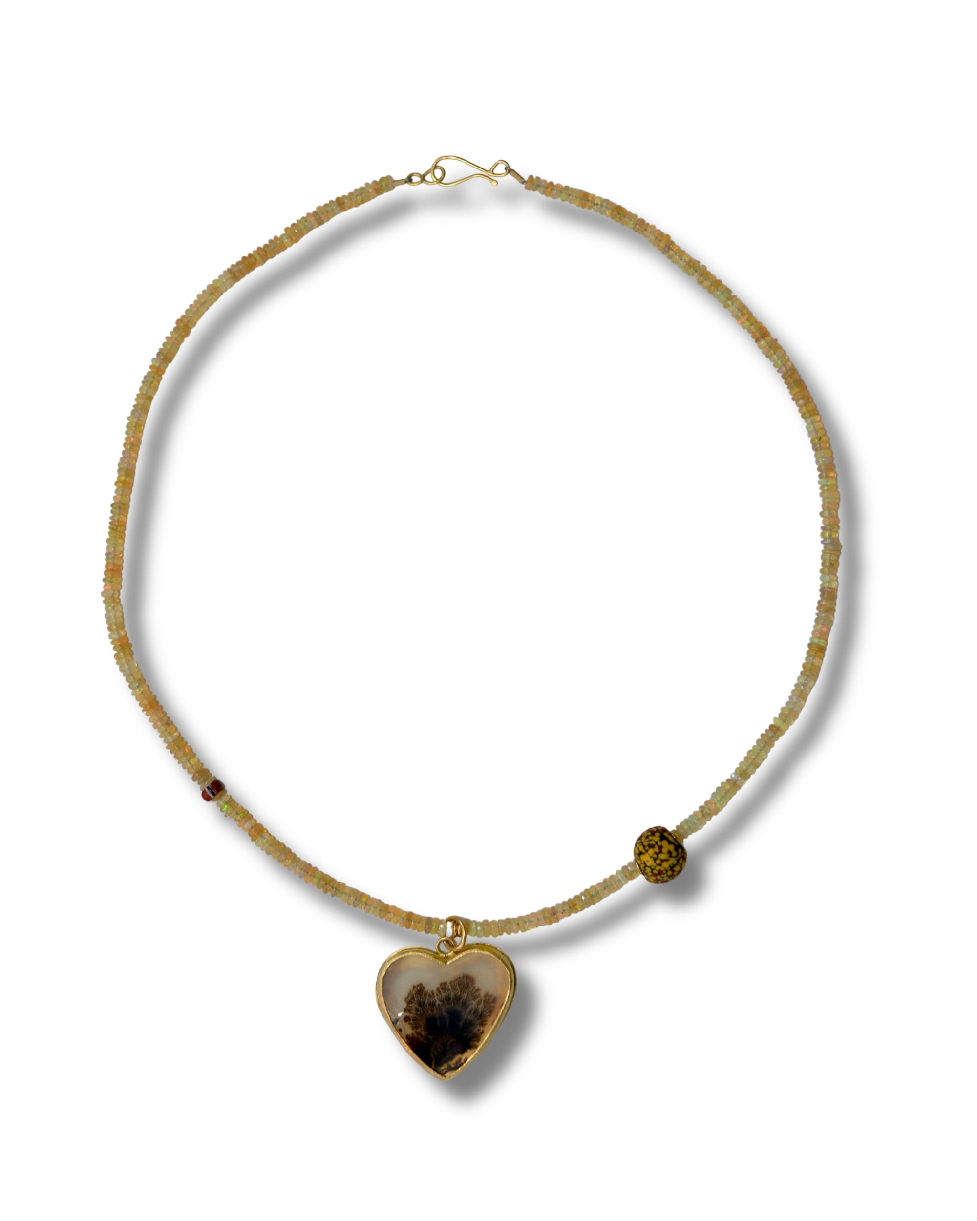 Black Dendritic Agate Heart & Opal Beaded Necklace | Handcrafted 18k Gold