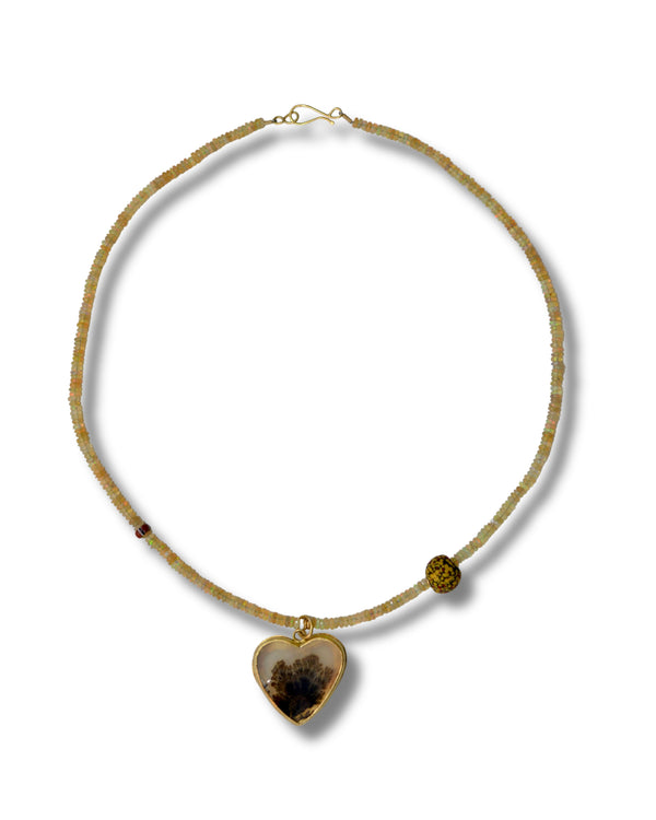 Black Dendritic Agate Heart & Opal Beaded Necklace | Handcrafted 18k Gold