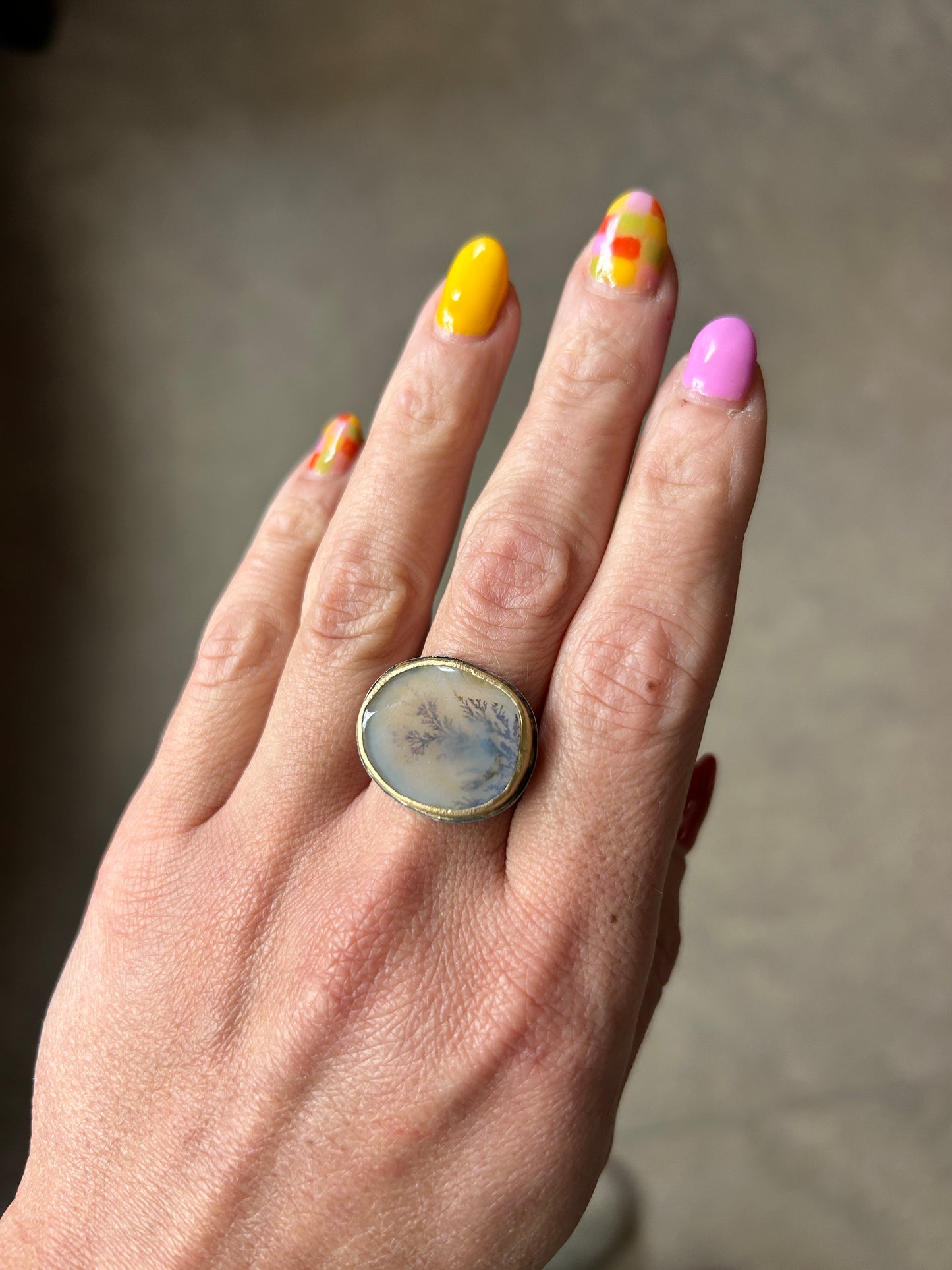 Earthy Dendritic Agate Ring | Handcrafted 18k Gold & Sterling Silver