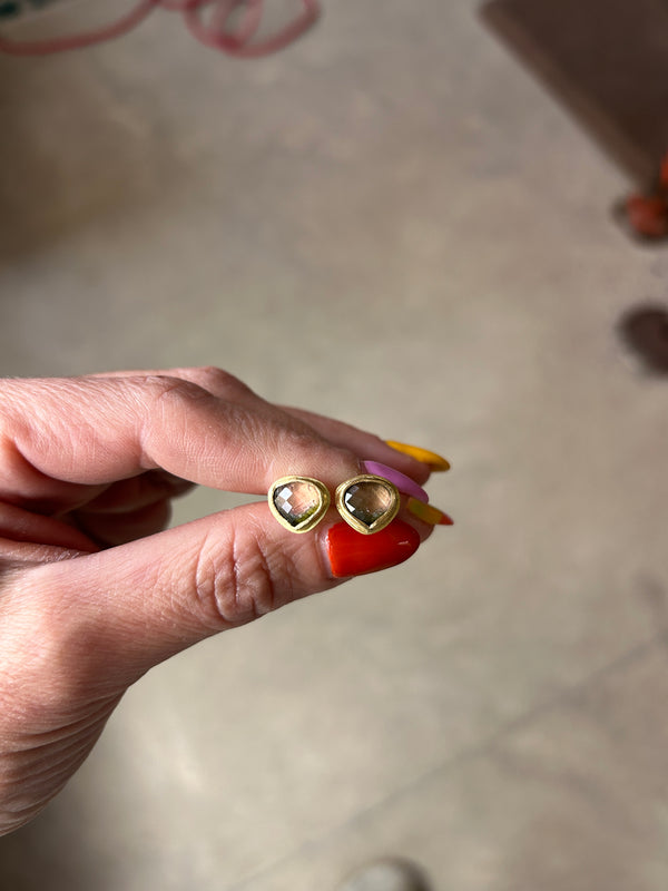Watermelon Tourmaline Checkerboard Studs | Handcrafted 18k Gold