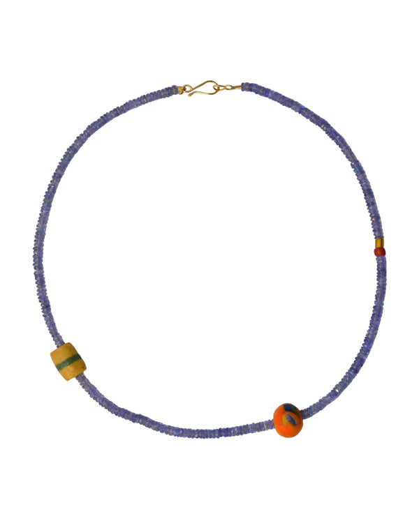 Tanzanite & African Trade Bead Necklace | Handcrafted 18k Gold Details