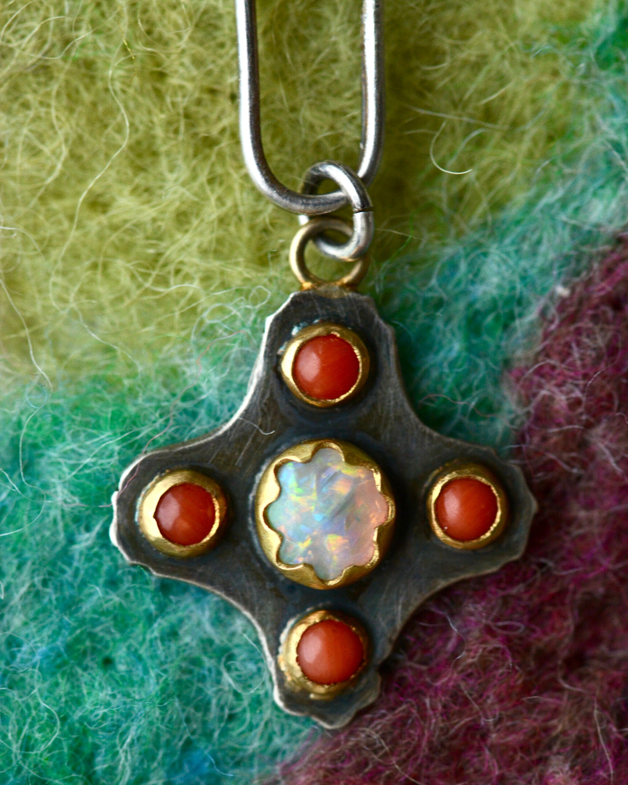 Coral and Opal Cross Charm