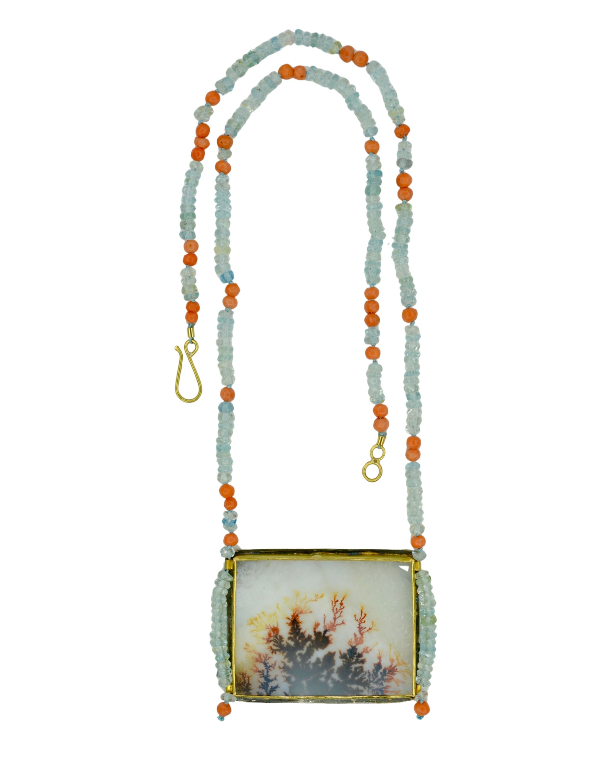 Dendritic Agate, Aquamarine & Antique Coral Beaded Necklace | Handcrafted Silver, 22k & 18k Gold