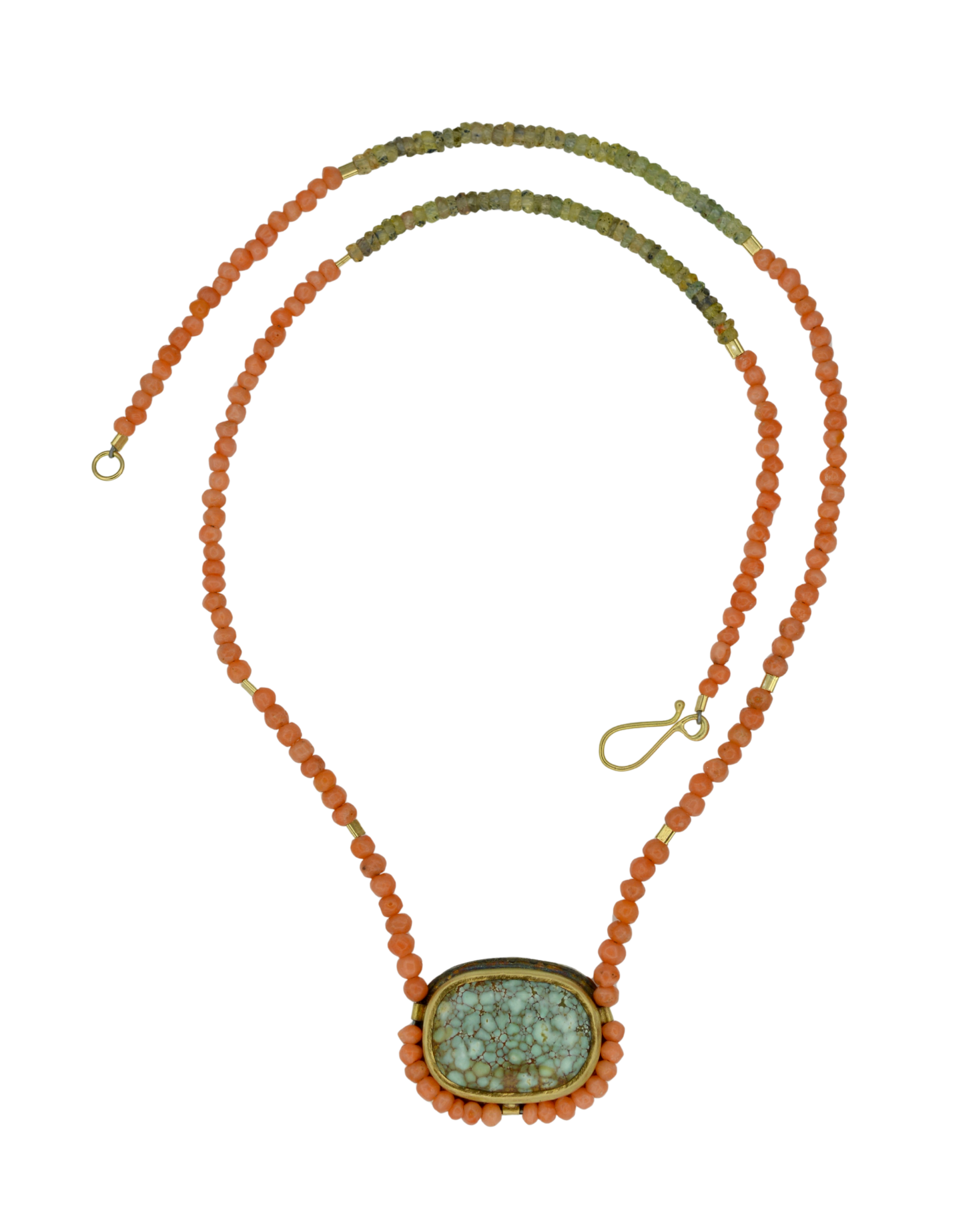 Variscite, Antique Coral & Sapphire Beaded Necklace | Handcrafted Silver & 18k Gold