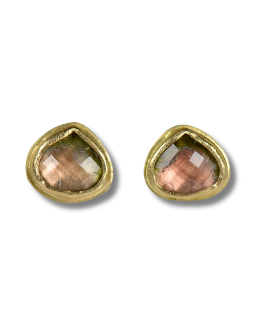 Watermelon Tourmaline Checkerboard Studs | Handcrafted 18k Gold