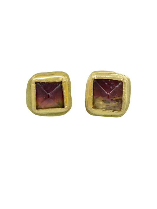 Watermelon Tourmaline Sugarloaf Studs | Handcrafted 18k & 22k Gold