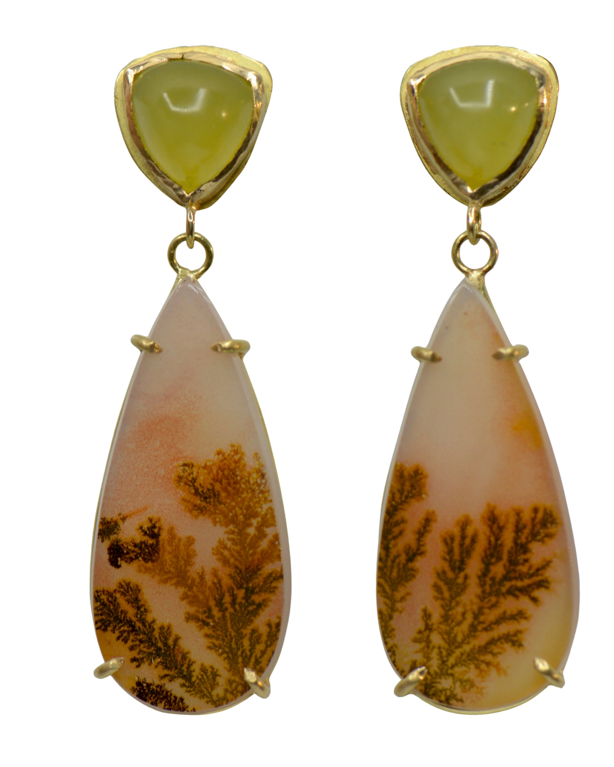 Dendritic Agate and Vesuvianite Earrings | Handcrafted 18k Gold