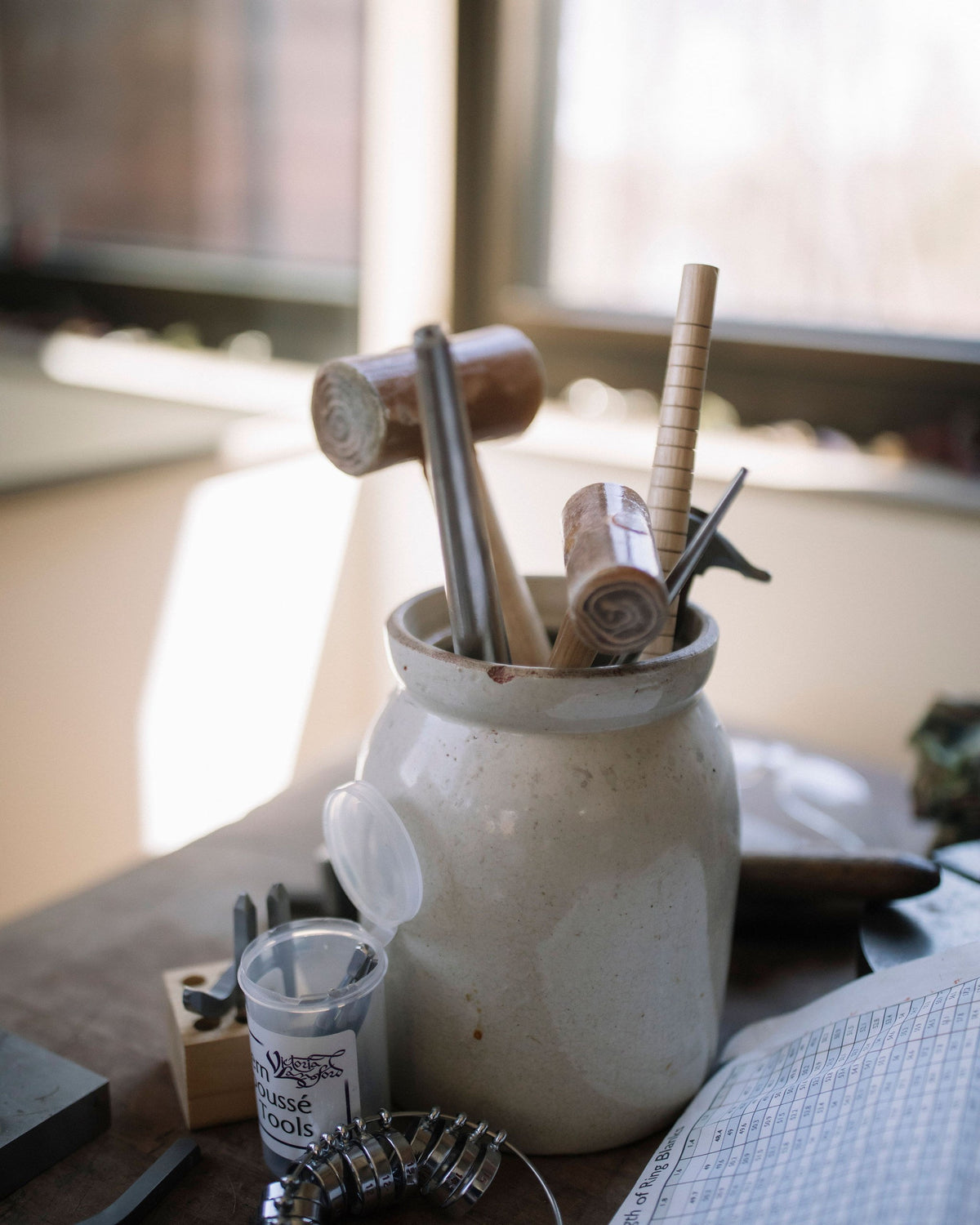 Tools at the bench in Lori Francescutti's Haliburton studio